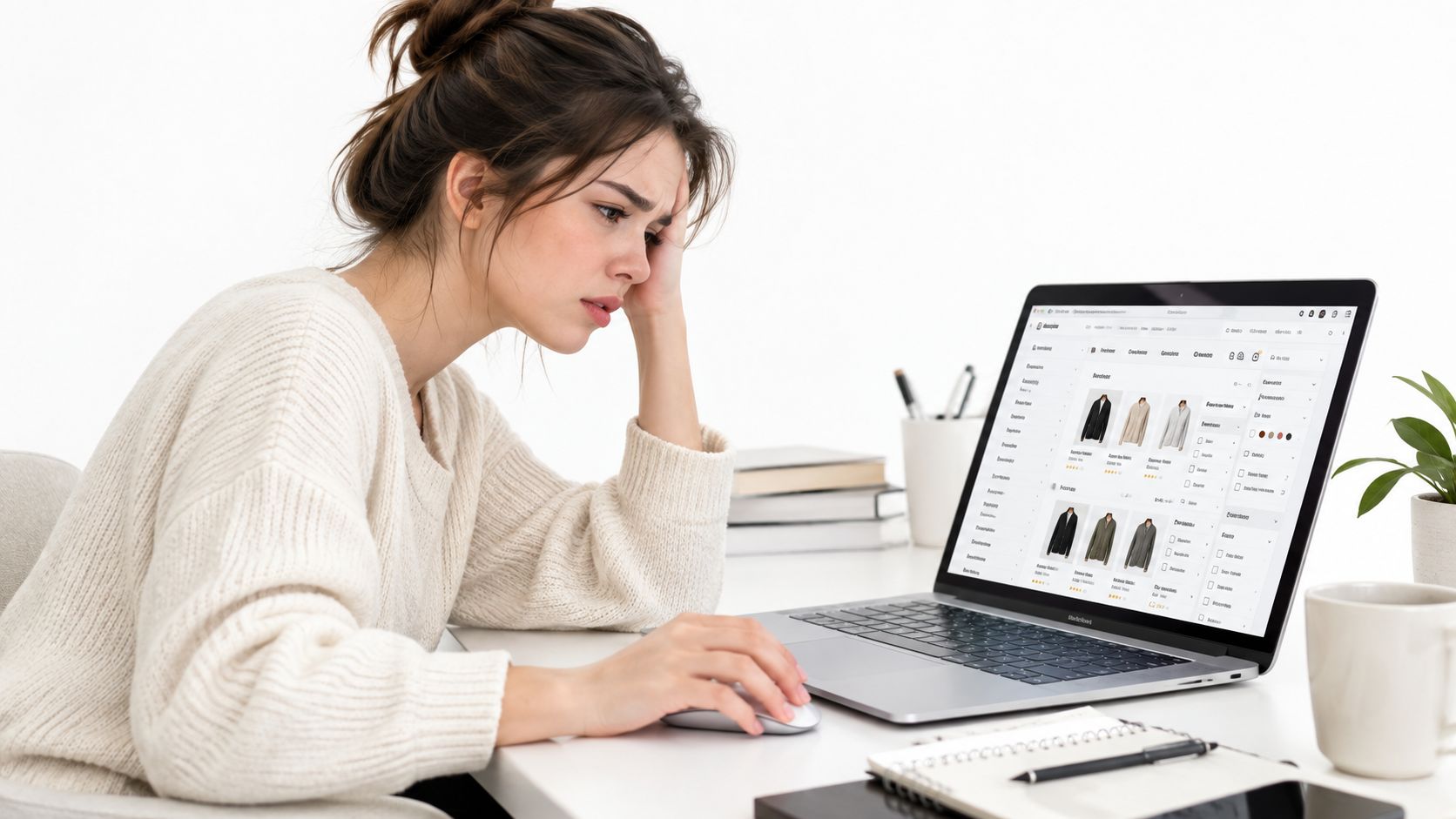 A stressed young woman looking at a cluttered e-commerce interface on a laptop screen while working at home.