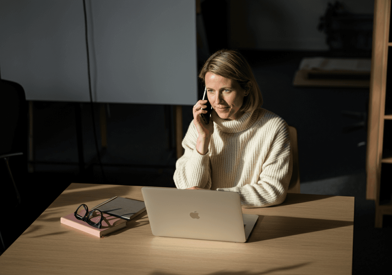 A person working at a laptop at a wooden desk