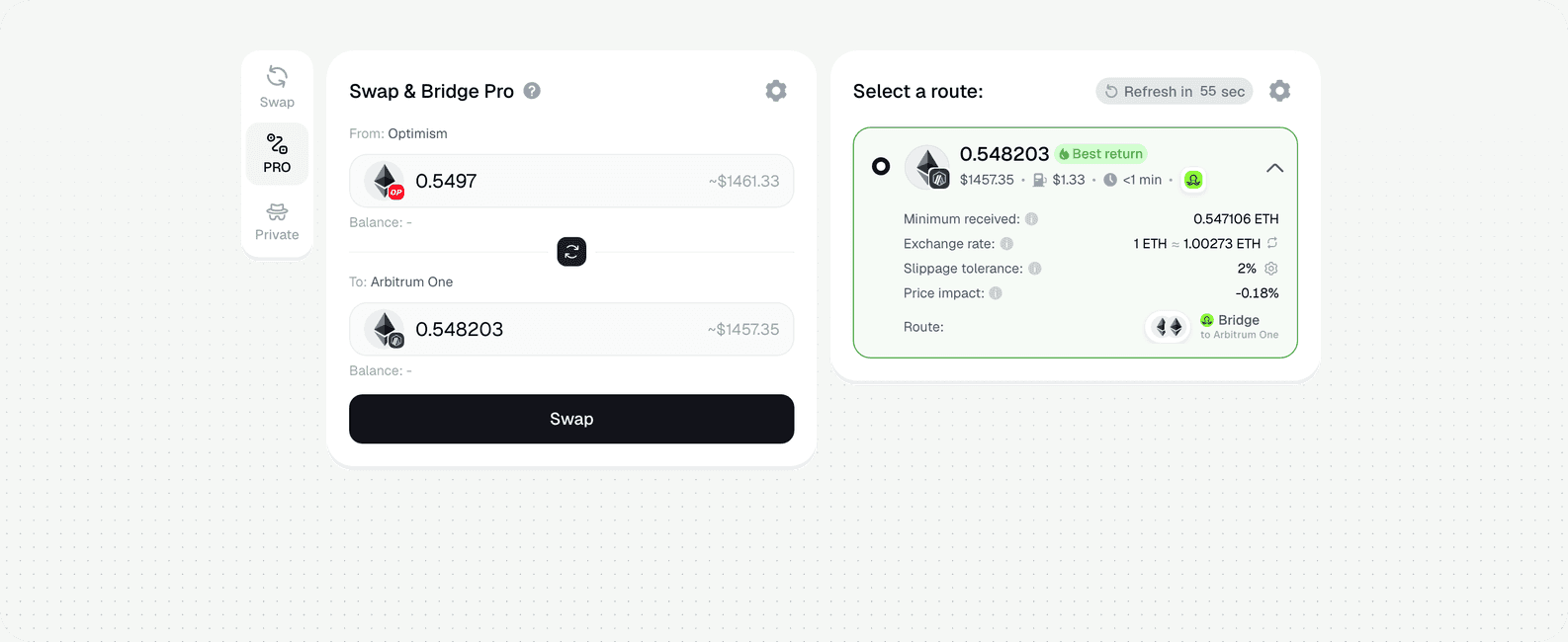Optimism to Arbitrum Bridge — live route in PRO mode: 0.5497 ETH (Optimism) to 0.5482 ETH (Arbitrum One) · Symbiosis