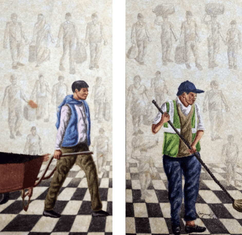 herd of sheep on road painting