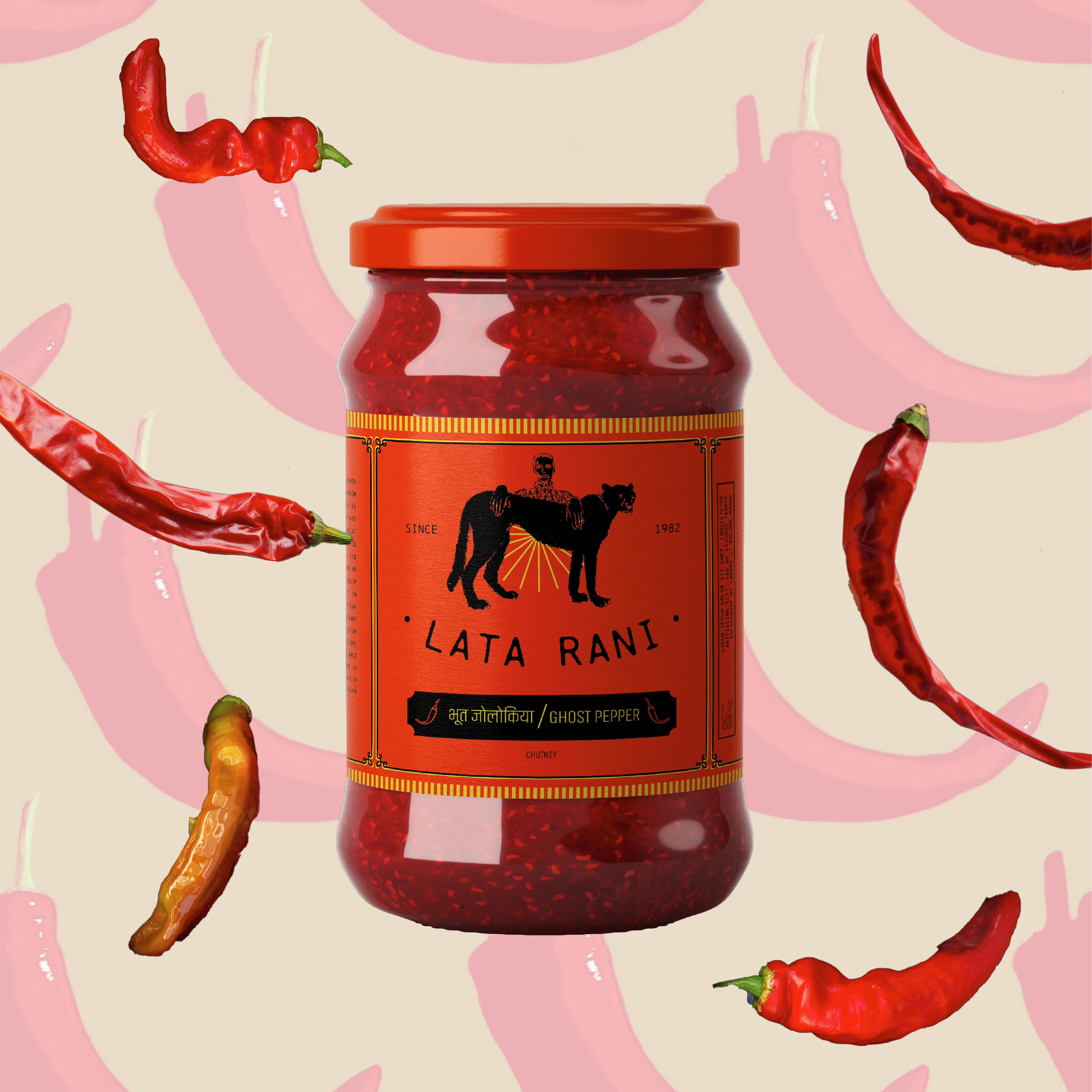 Lata- A vibrant jar of "Lata Rani" ghost pepper chutney sits centrally, surrounded by floating red ghost peppers. The tone is spicy and exotic.