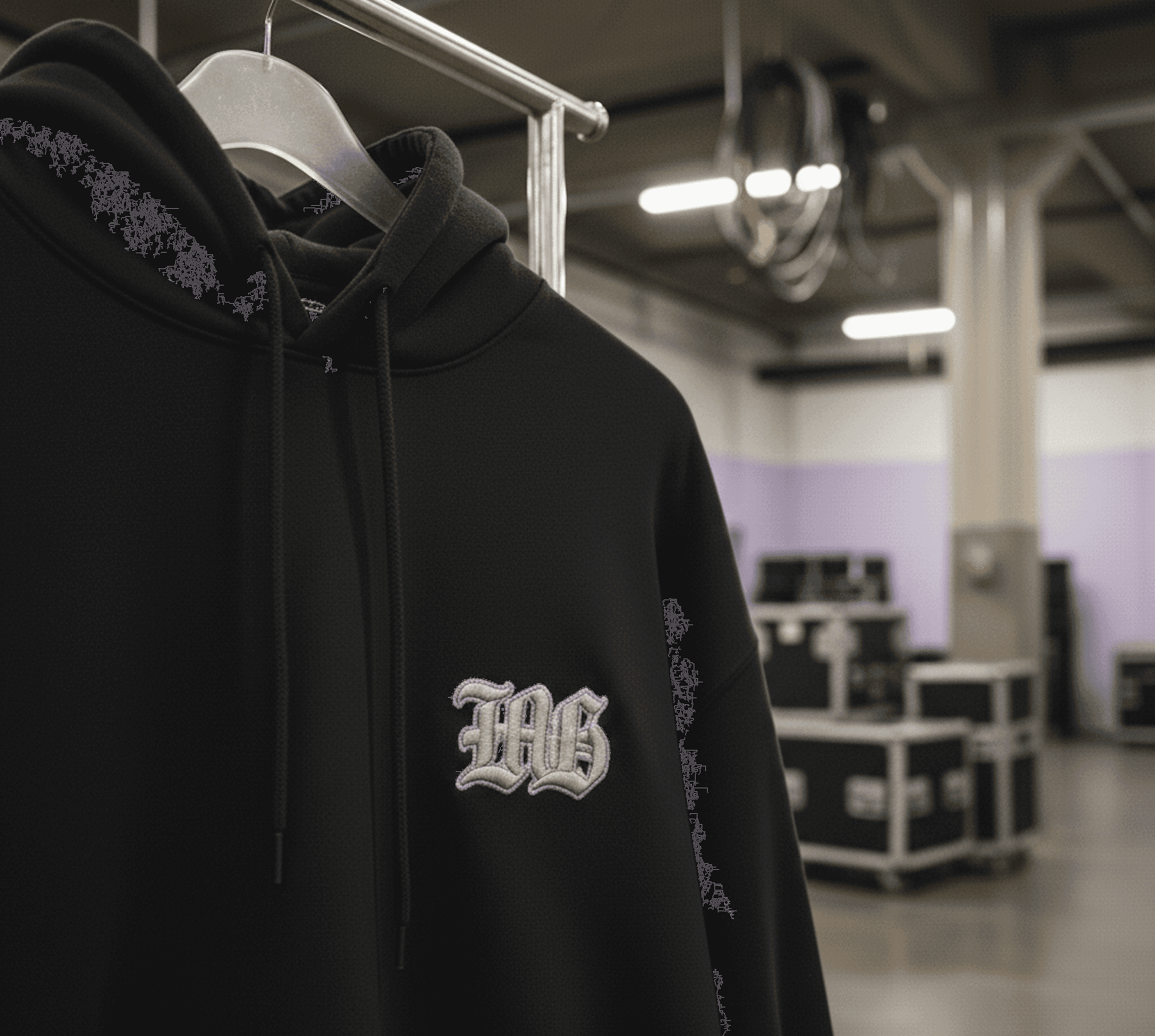 Example tour hoodie on the rack, ready for promotion by talent