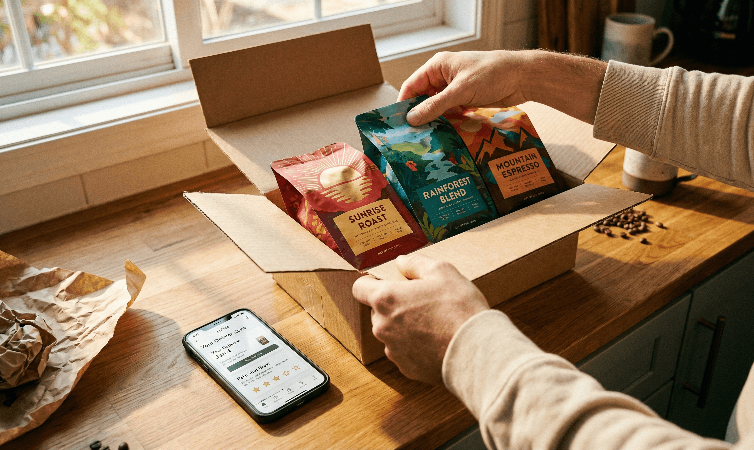 Person unpacking a coffee subscription box on a sunny kitchen counter with a smartphone showing the Grano app