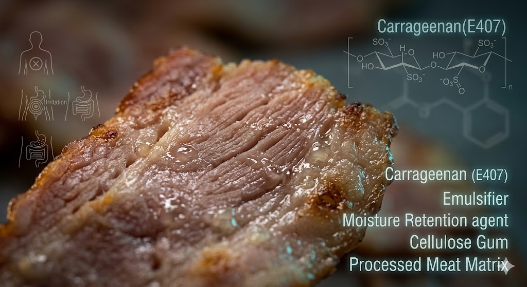 A close-up photograph of cooked, sliced turkey bacon showing its texture. A magnifying glass highlights the internal structure and moisture. The background includes text overlays and scientific icons about carrageenan (E407) additive, gut health, moisture binders, emulsifiers, cellulose gum, and processed meat matrix.