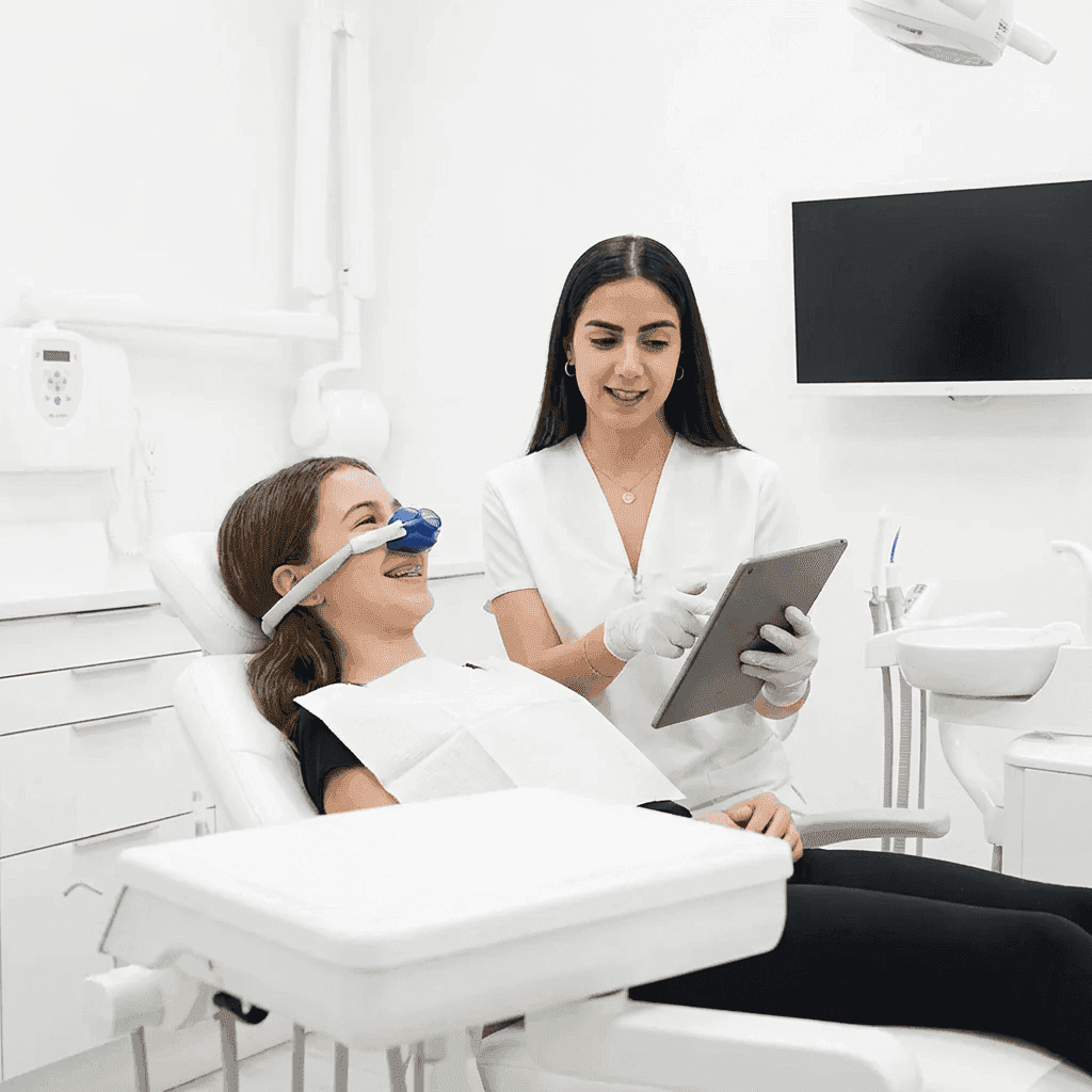طبيبة أسنان بمركز انفزلاين مع مريضة يافعة، تضع المريضة قناع استنشاق غاز الضحك بينما تشرح الطبيبة خطوات العلاج، يعمل الغاز على تخفيف حدة القلق مع الحفاظ على الوعي الكامل.