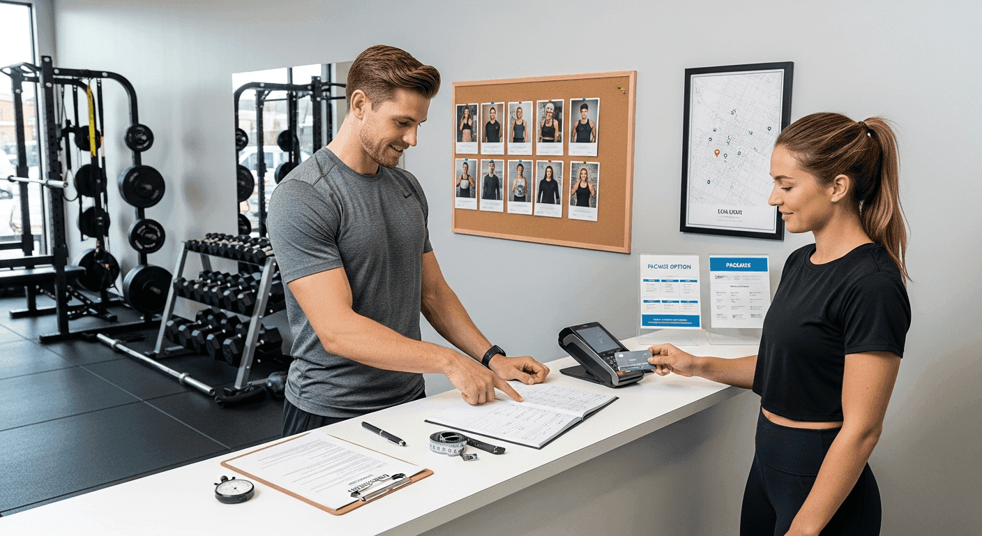Personal trainer completing a payment and booking session with a client at a gym front desk
