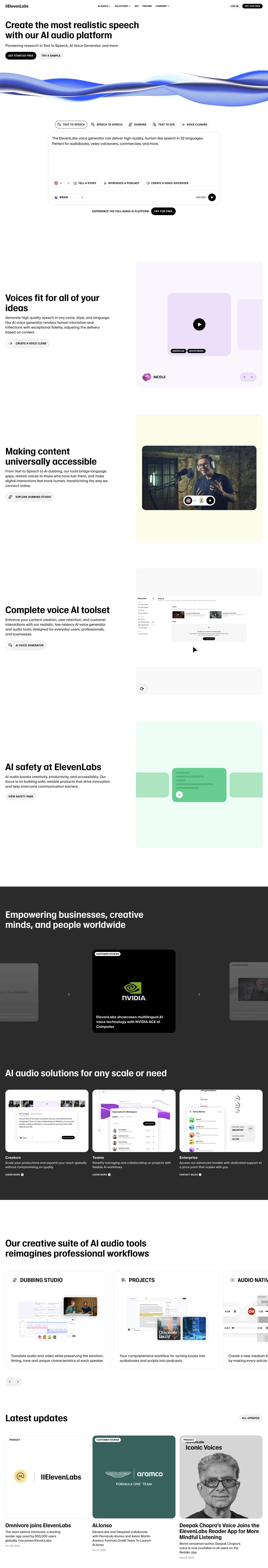 ElevenLabs landing page screenshot showcasing AI and Tech design