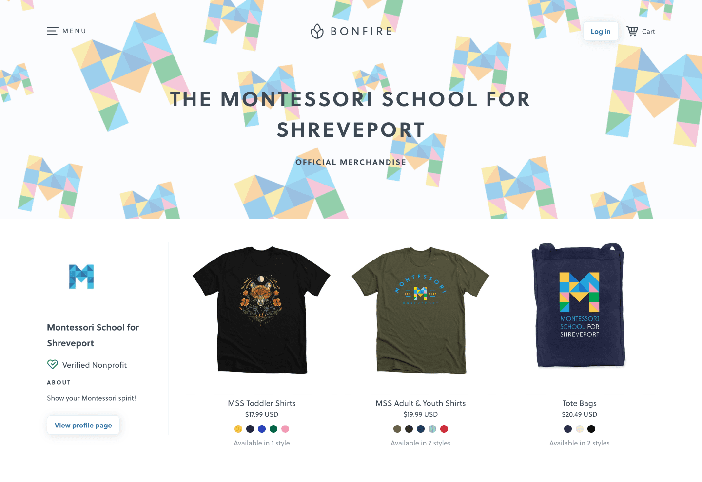 Montessori School for Shreveport merchandise webpage showing t-shirts and tote bags featuring school logo.