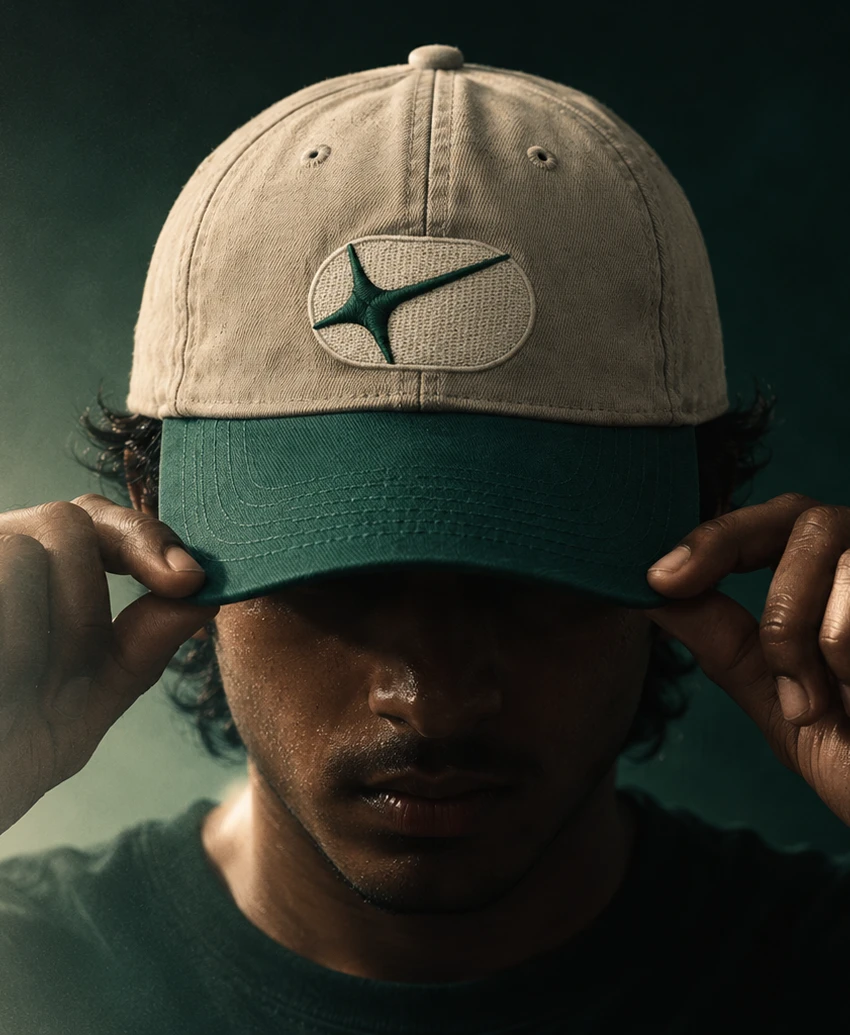 A man adjusting a sand and forest green baseball cap embroidered with the Action Replay icon.
