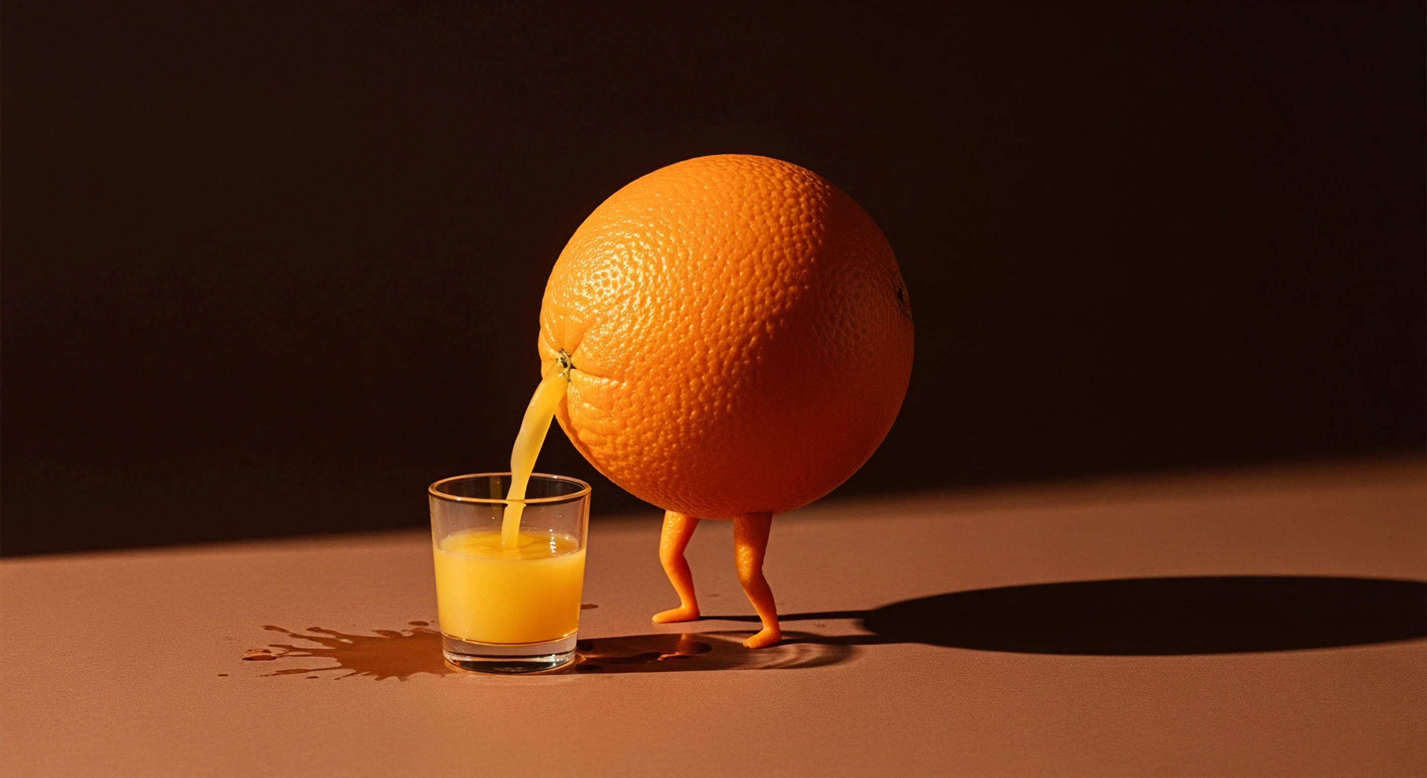 Concept image of an orange squeezing itself into a glass of juice illustrating optimization and refinement