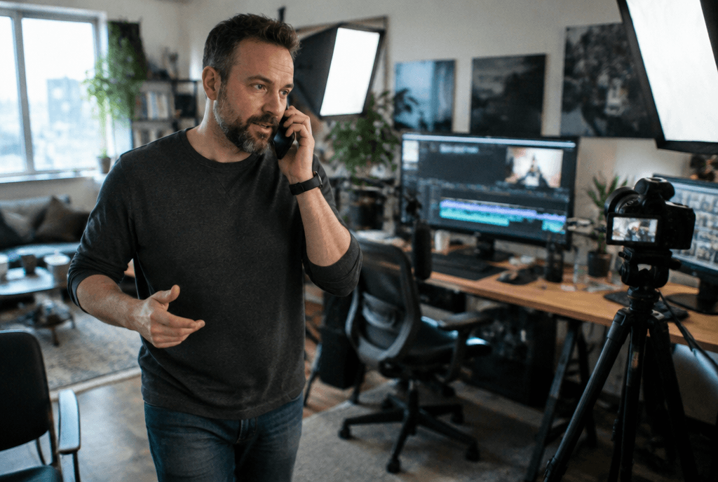 Video marketer walking through the office on a call about campaign results