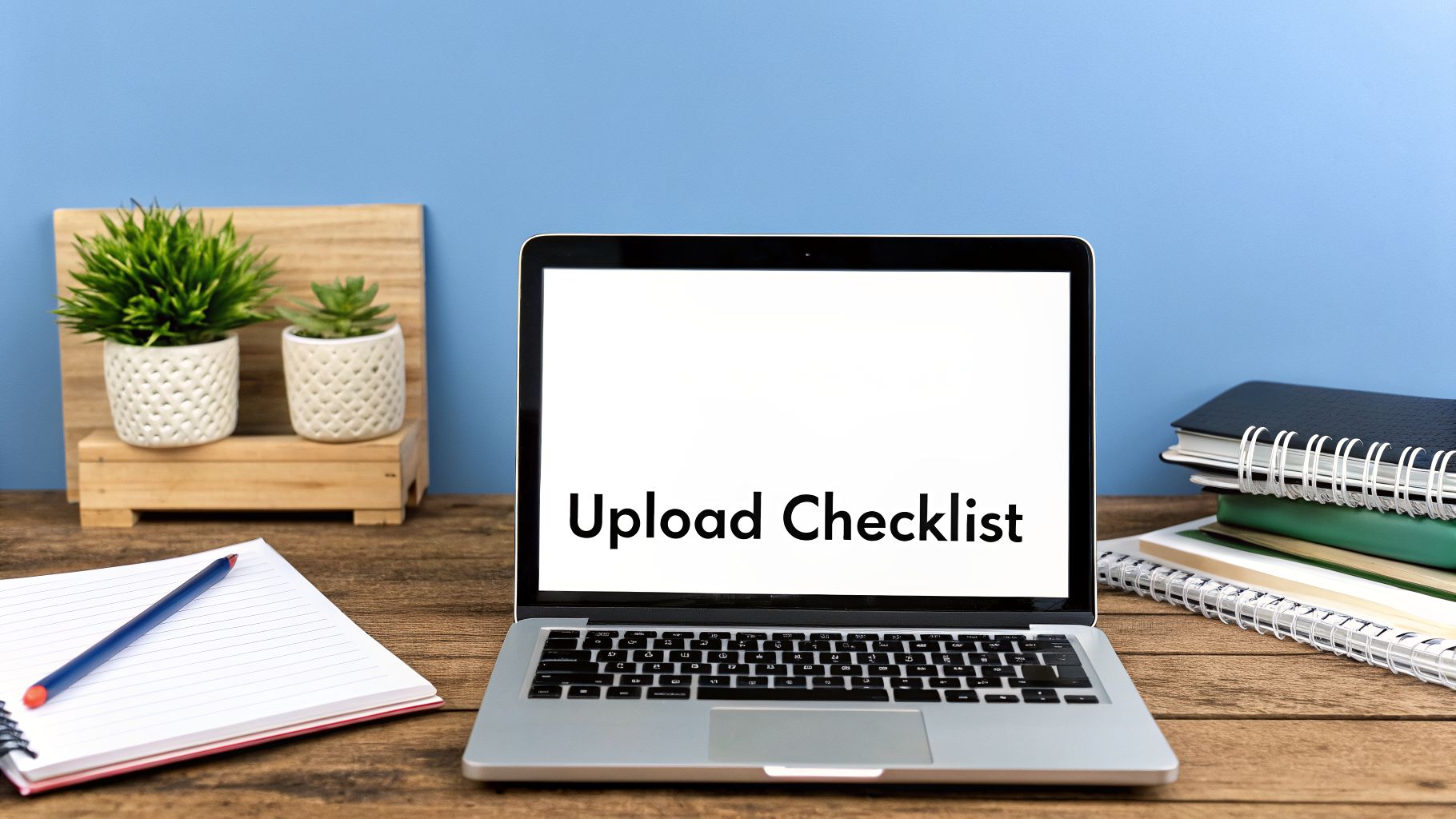 A laptop on a rustic wooden desk displays 'Upload Checklist' amidst potted plants and notebooks.