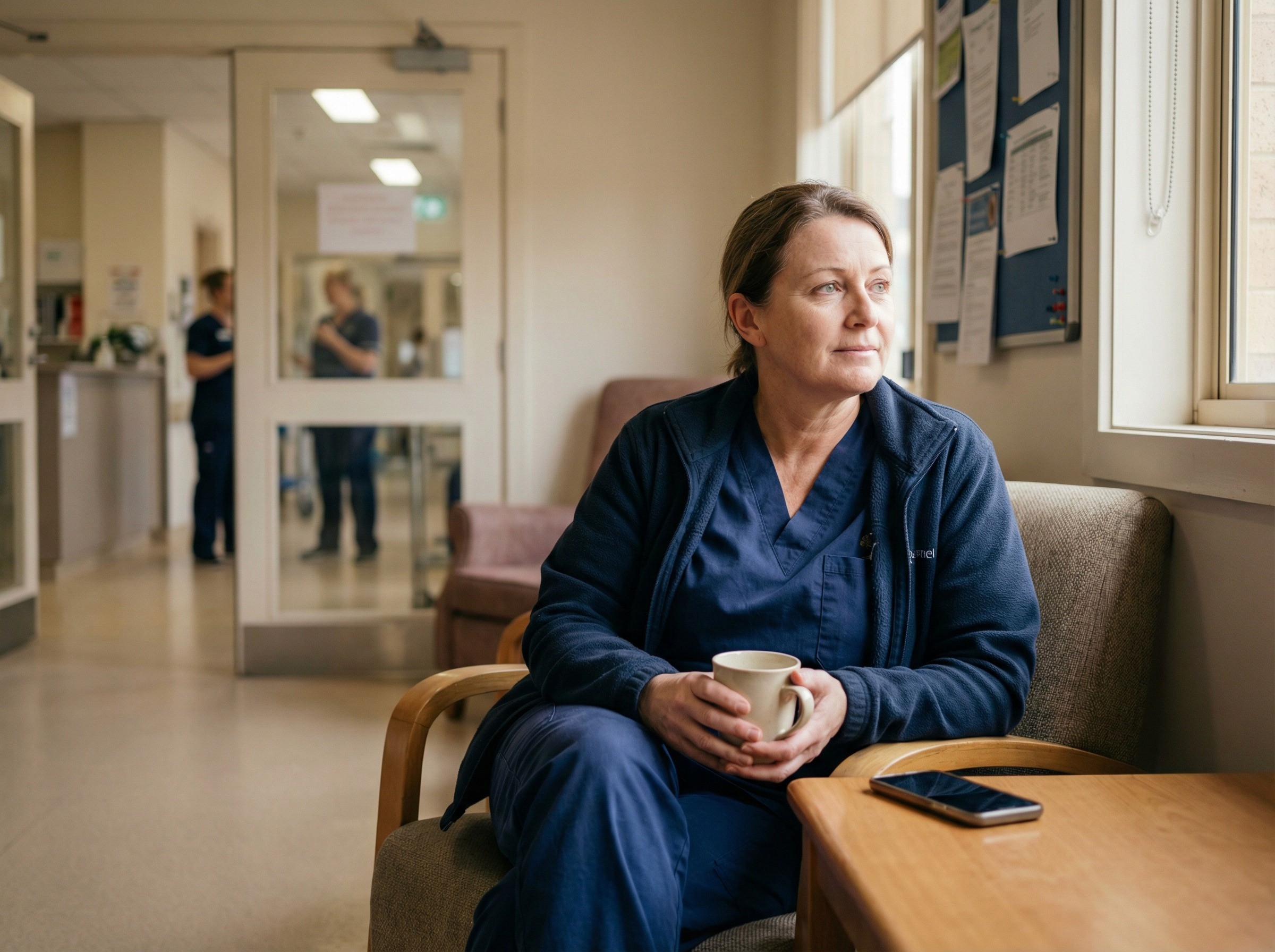 A female healthcare workers in navy scrubs sits quietly in the corner of a staff lounge, finishing a cup of tea, with her phone face-down on the table besider her.
