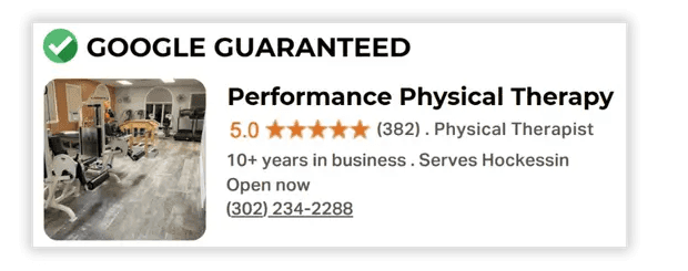 Performance Physical Therapy in Hockessin, Google Guaranteed clinic with 5-star reviews.