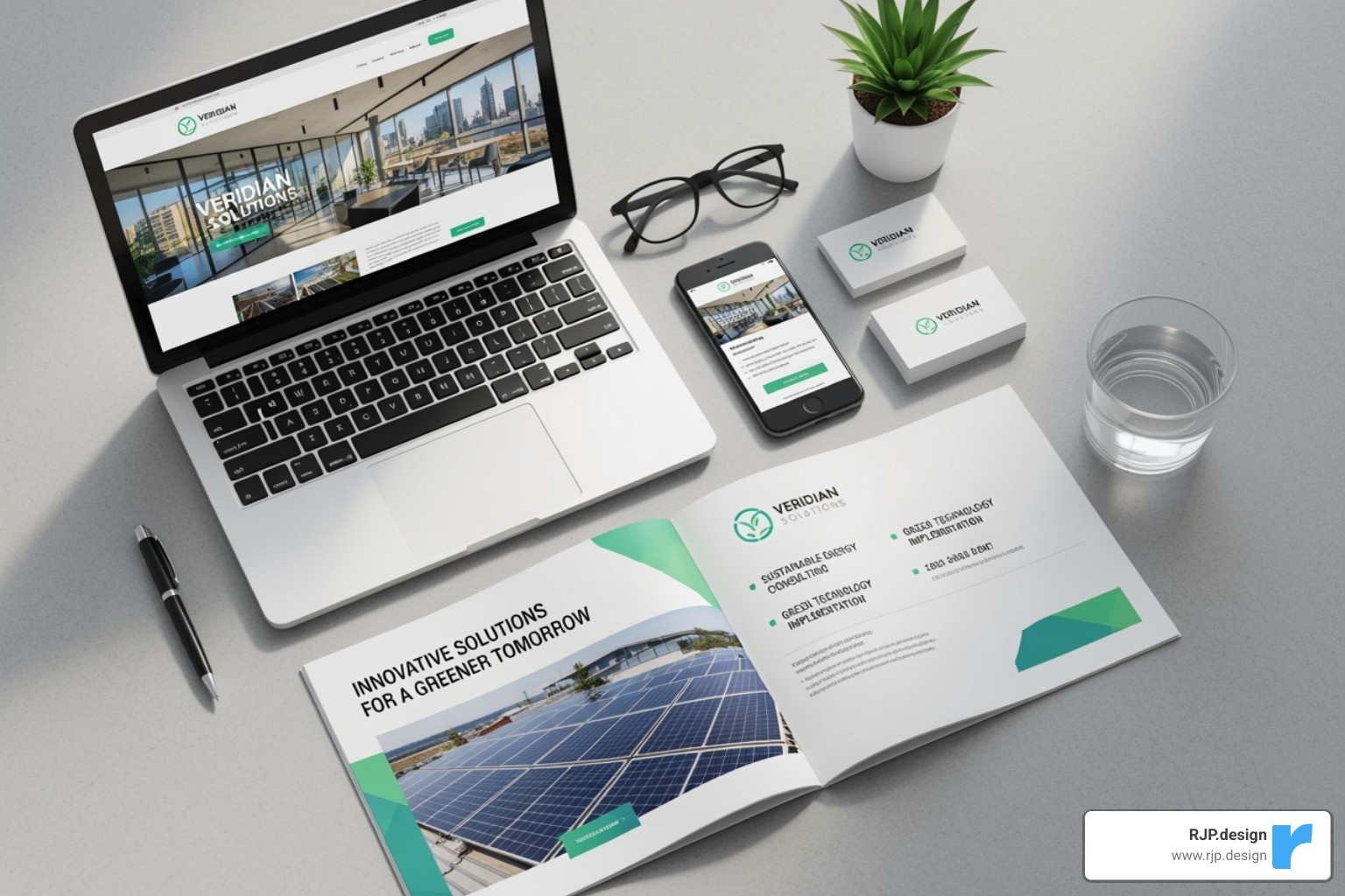 showing a brand's consistent look across a website, a mobile app, and a printed brochure - our branding and graphic design services (flyers, print media, logos, etc)