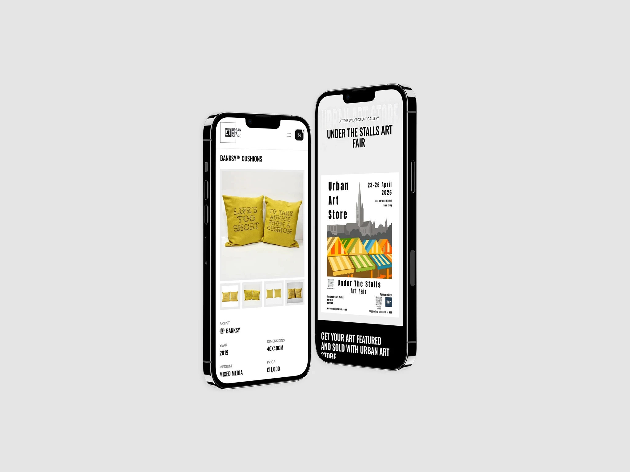 Urban Art Store mobile website showing a Banksy product page and art fair promotion
