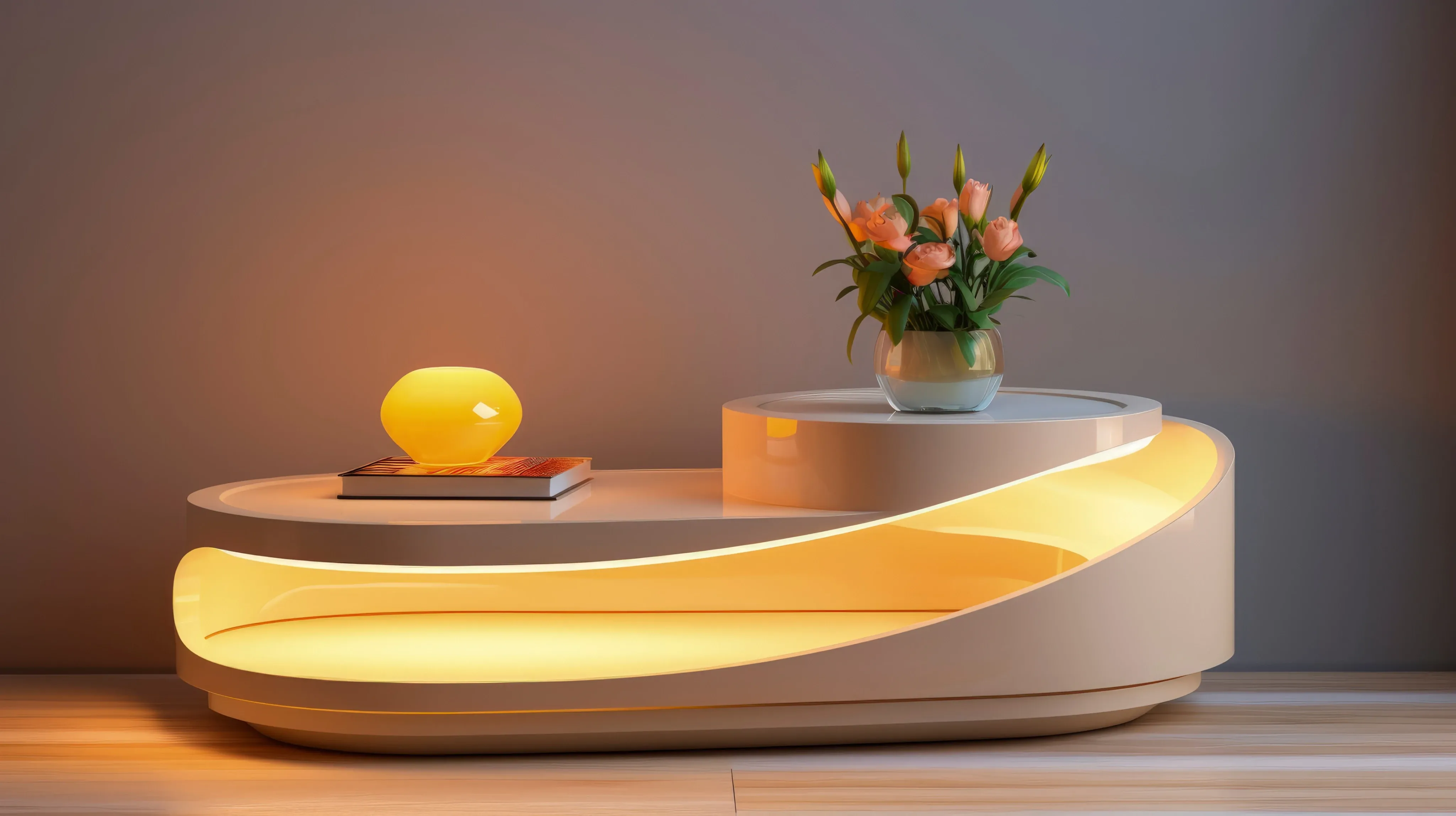 Modern reception desk featuring glowing LED strip accent lighting and a small floral arrangement