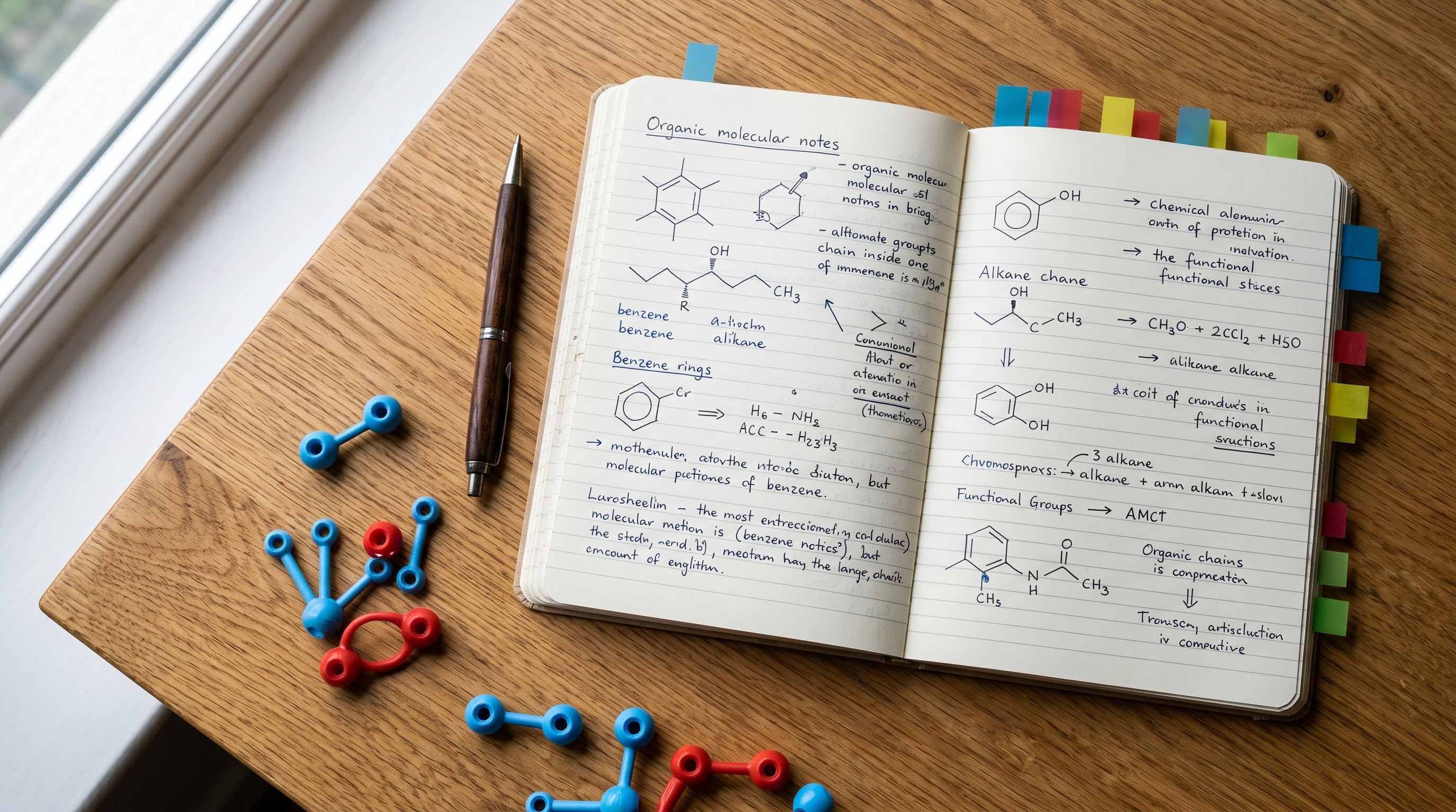 Open notebook beside chemistry model pieces