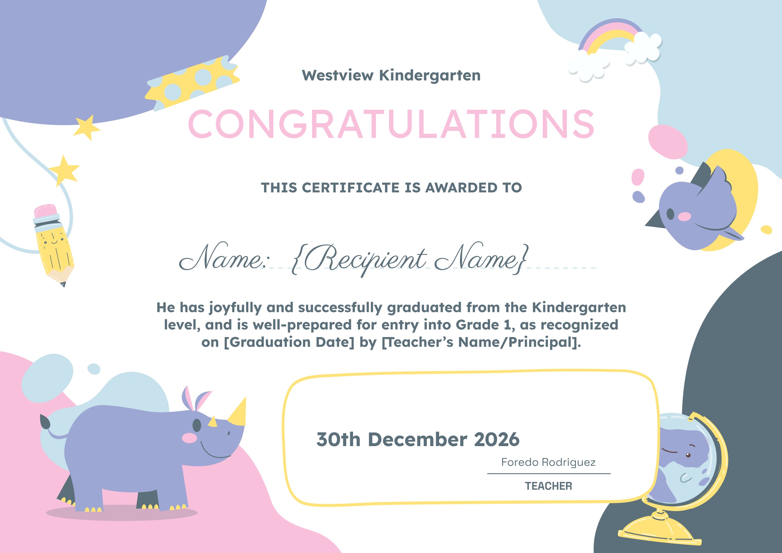 Wauld - Elegant and Illustrated Kindergarten certificate template