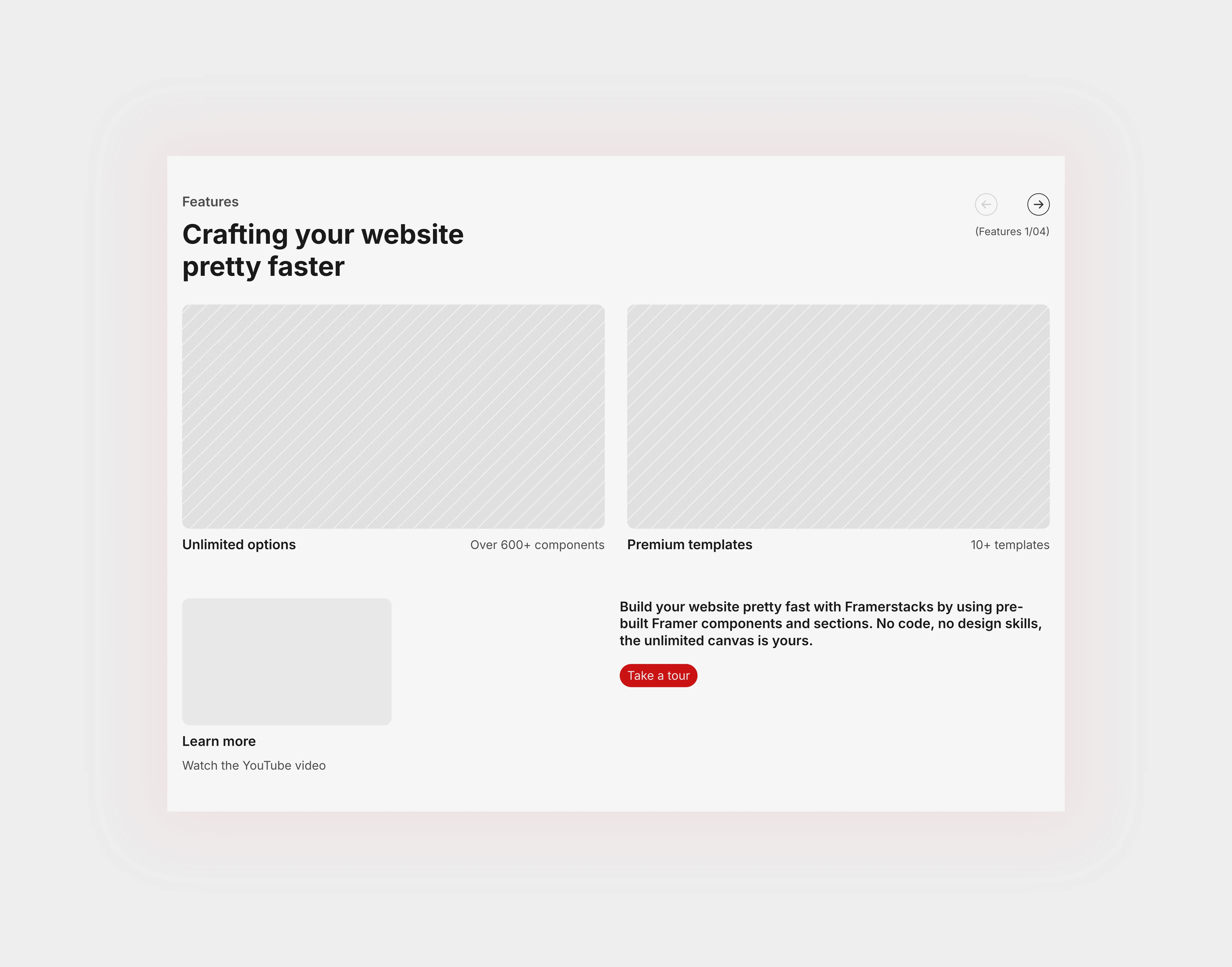 Features section designed in light theme which can embedd images and videos