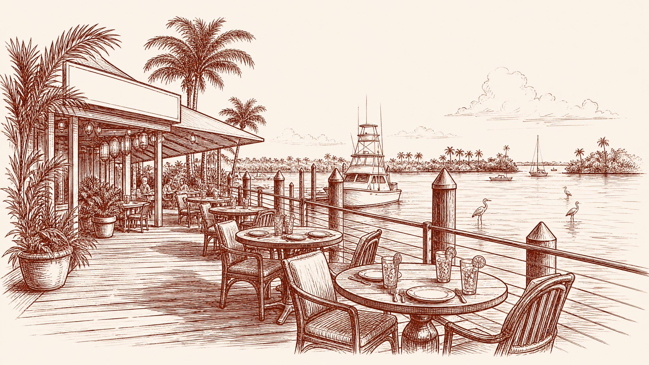 A waterfront deck arranged for an unhurried meal, with rail-side tables, outdoor restaurant tampa