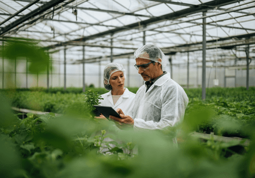 Two people conducting a food safety audit in a greenhouse