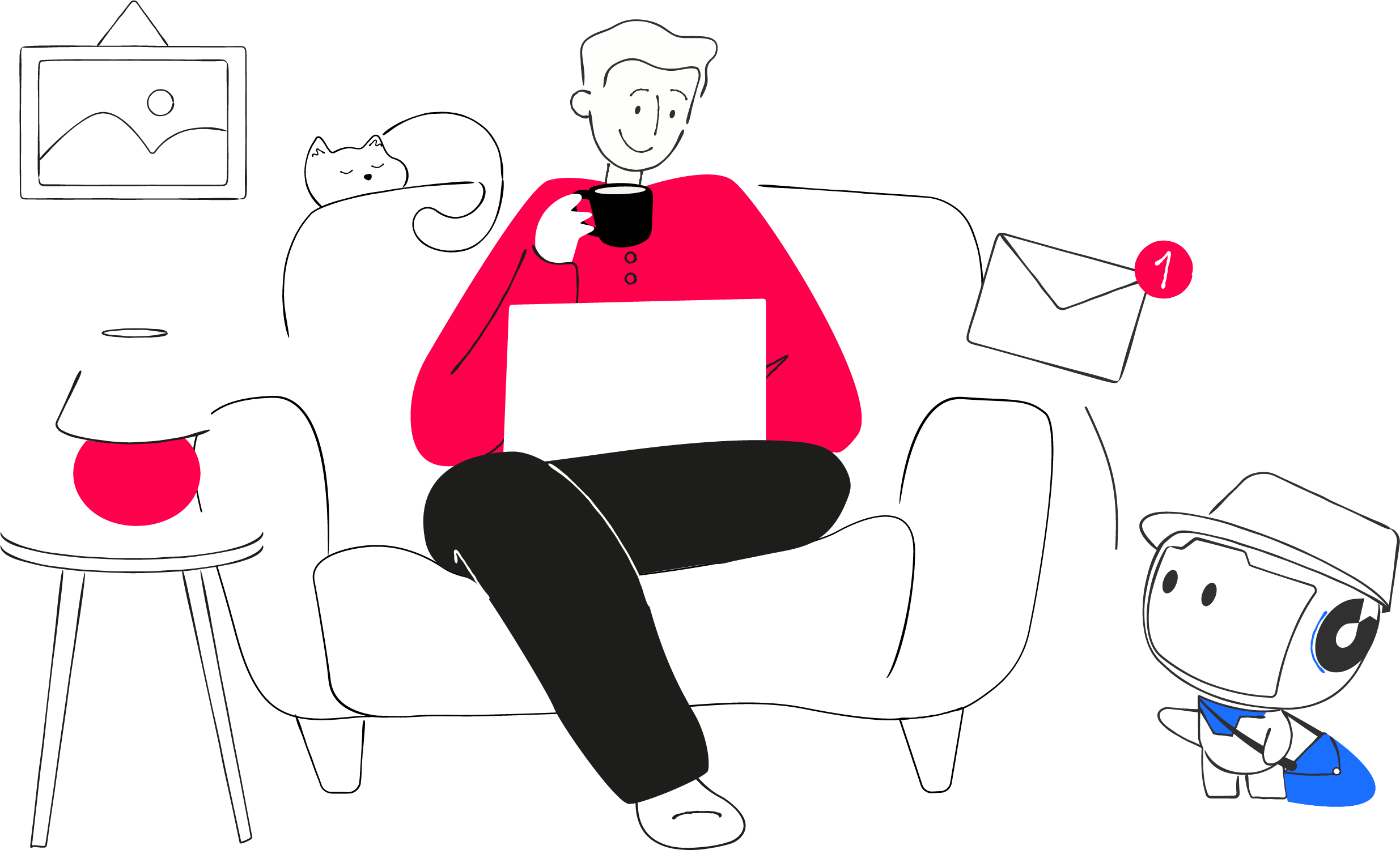 Ilustração de uma pessoa relaxada no sofá recebendo uma nova edição da newsletter da DevolveAI entregue pelo mascote, com conteúdos sobre segurança digital diretamente no e-mail.