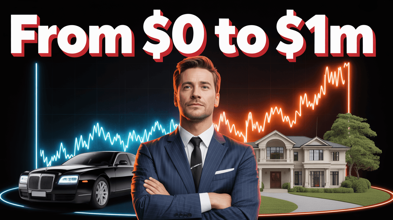 Confident investor in black suit beside luxury car and stock chart reading FROM $0 TO $1M