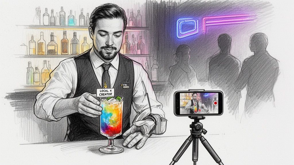 Sketch of a bartender making a vibrant cocktail, filmed by a smartphone, highlighting local creator influence and nightlife.