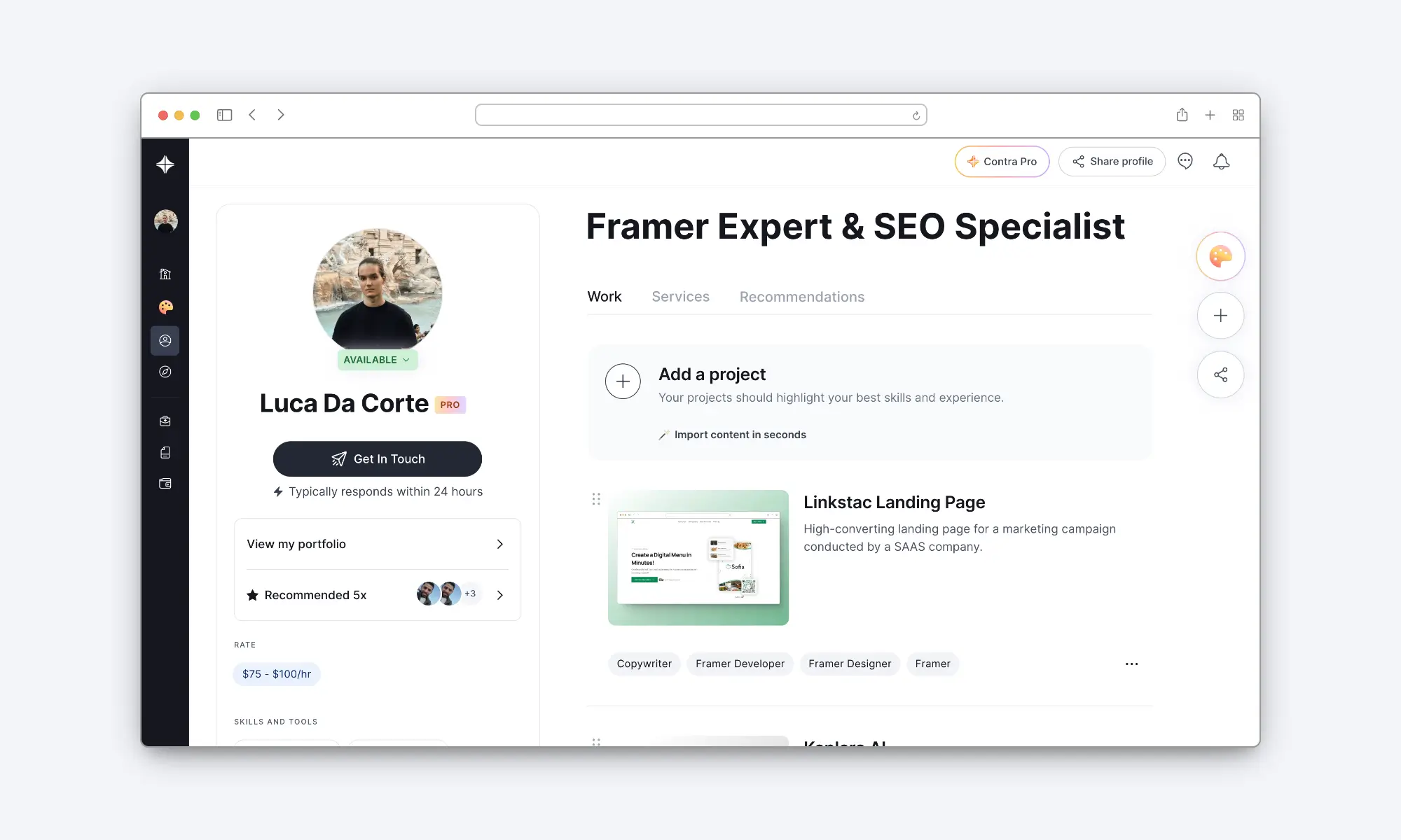 Contra profile of Luca Da Corte, certified Framer Expert