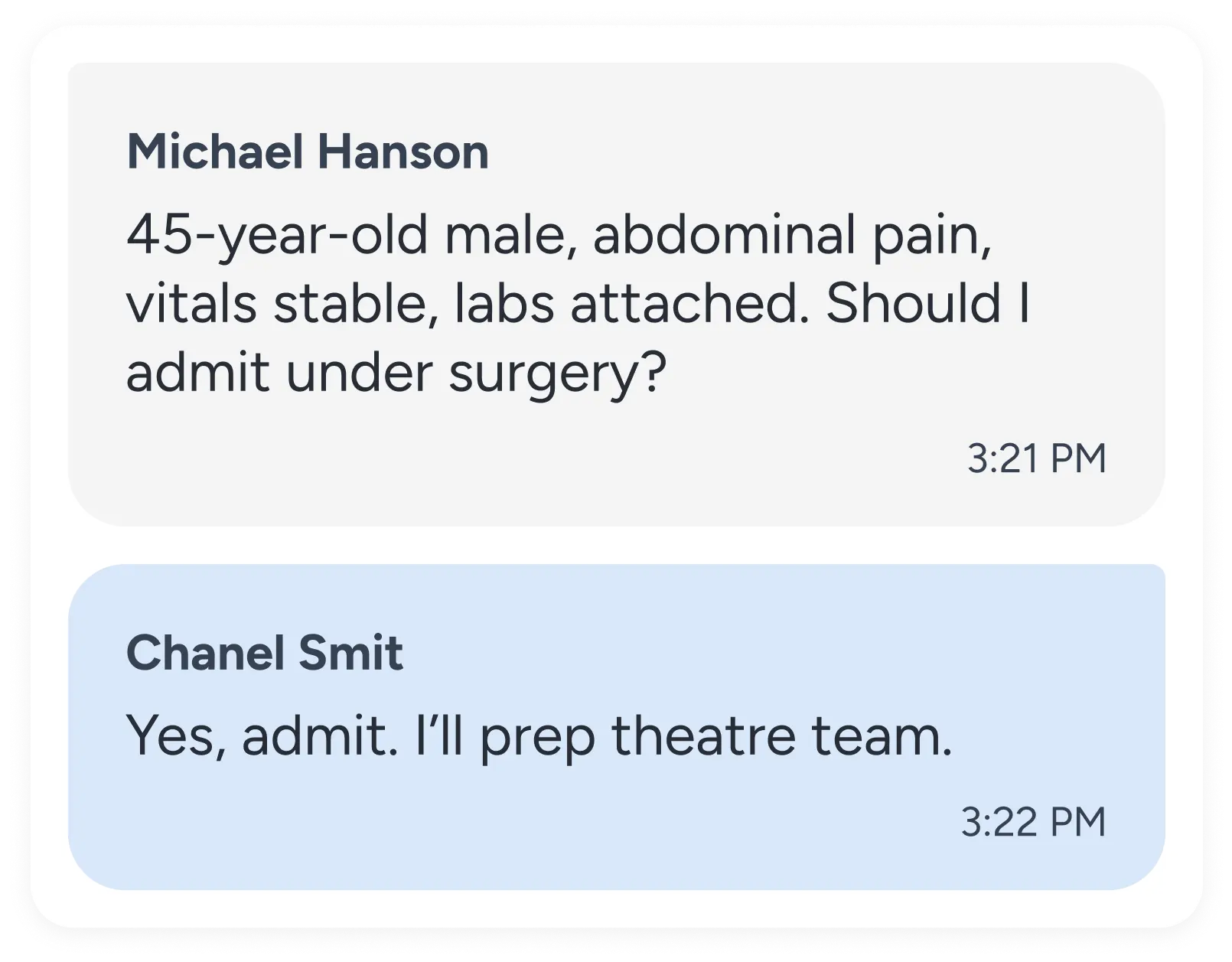 Screenshot of a text chat between Michael Hanson and Chanel Smit. Michael Hanson says "45 year old male, abdominal pain, vitals stable, labs attached. Should I admit under surgery?" Chanel Smit says "Yes, admit. I'll prep theatre team."