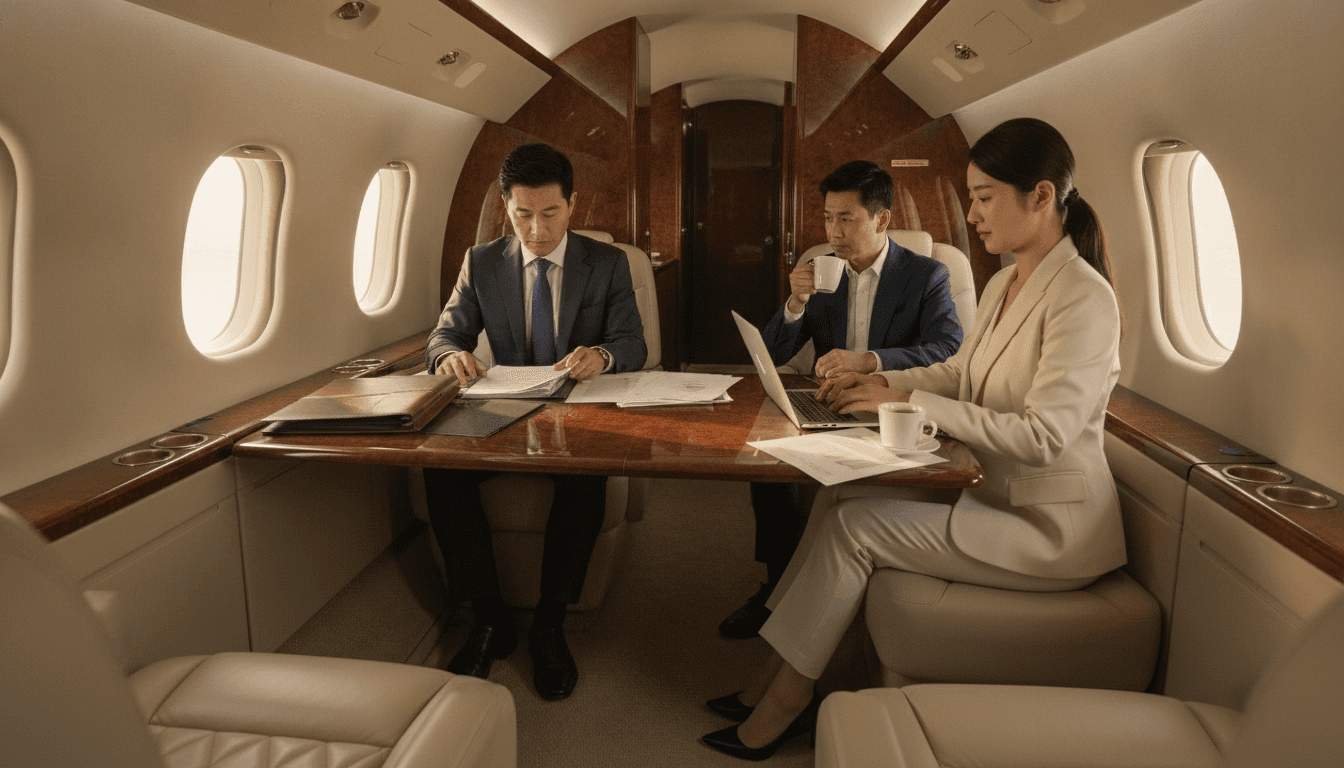 Executives working quietly over documents at a private jet cabin table — business continuing in transit without exposure
