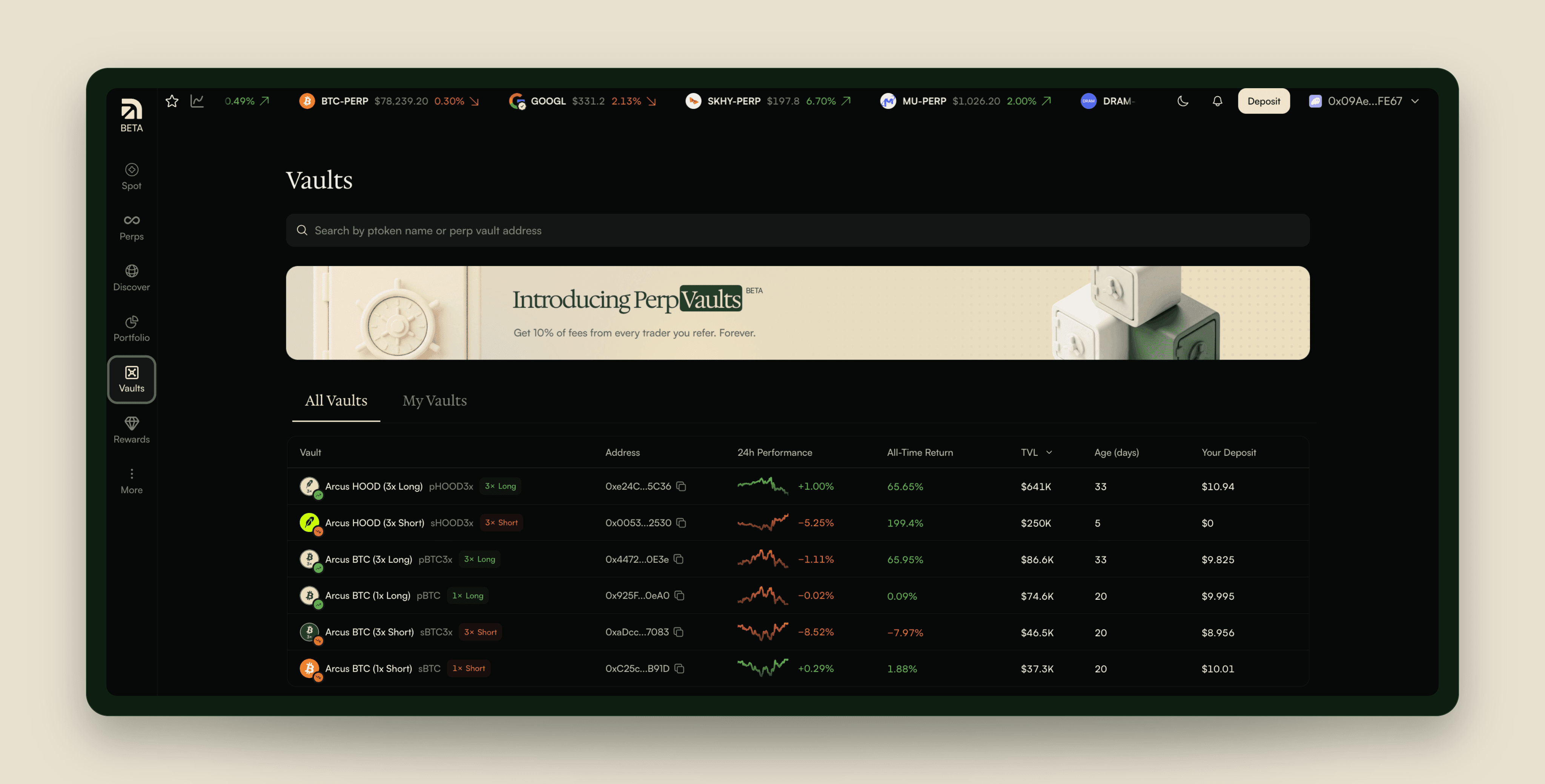 Arcus Vaults screen listing pToken vaults, APR, performance, TVL and deposits