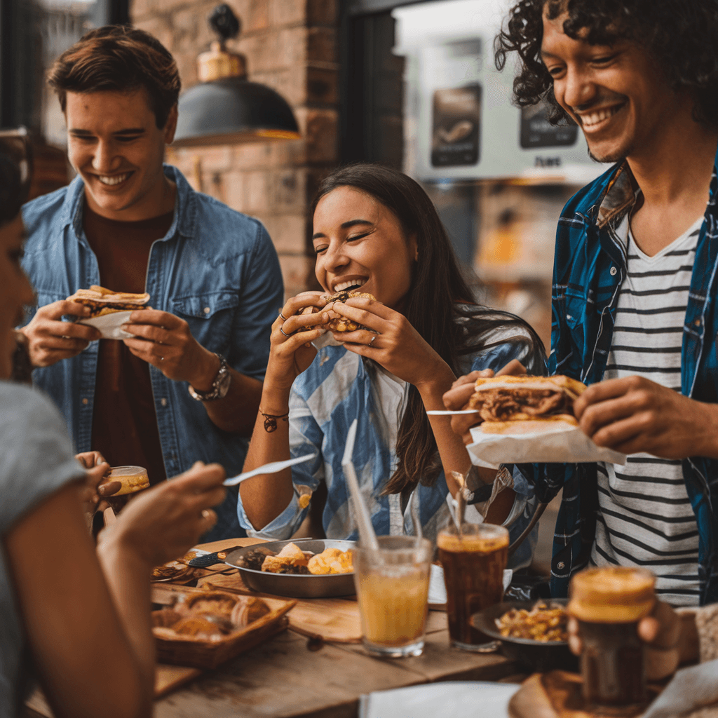 A woman eating a sandwich at a barbeque restaurant, surrounded by friends.