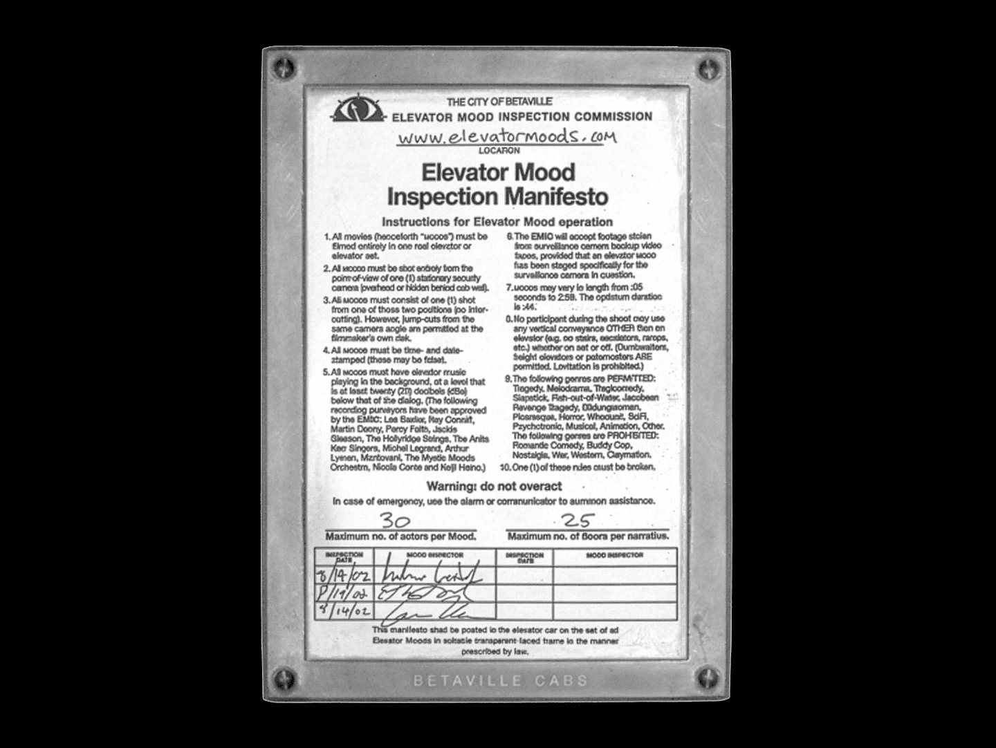 Elevator Mood Inspection Manifesto — prop document