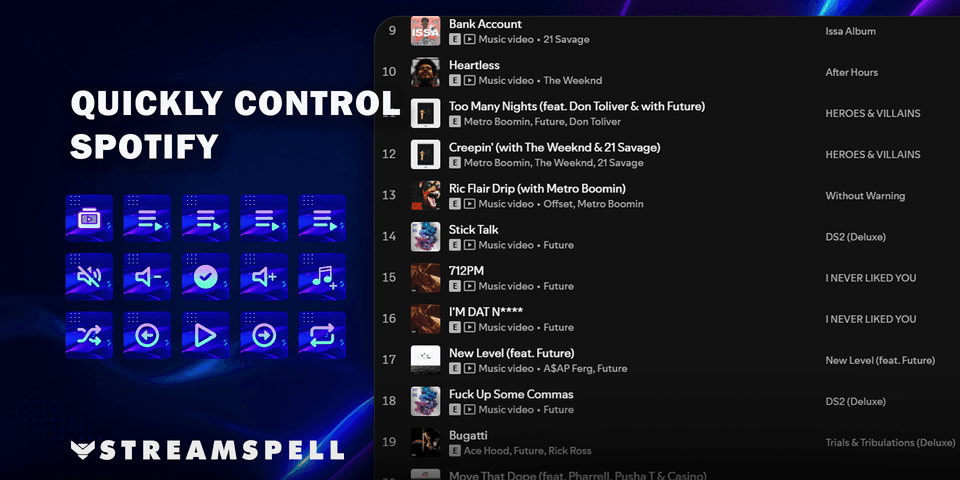 Blue and purple themed keys organize Electro Dance’s Spotify controls — official product preview