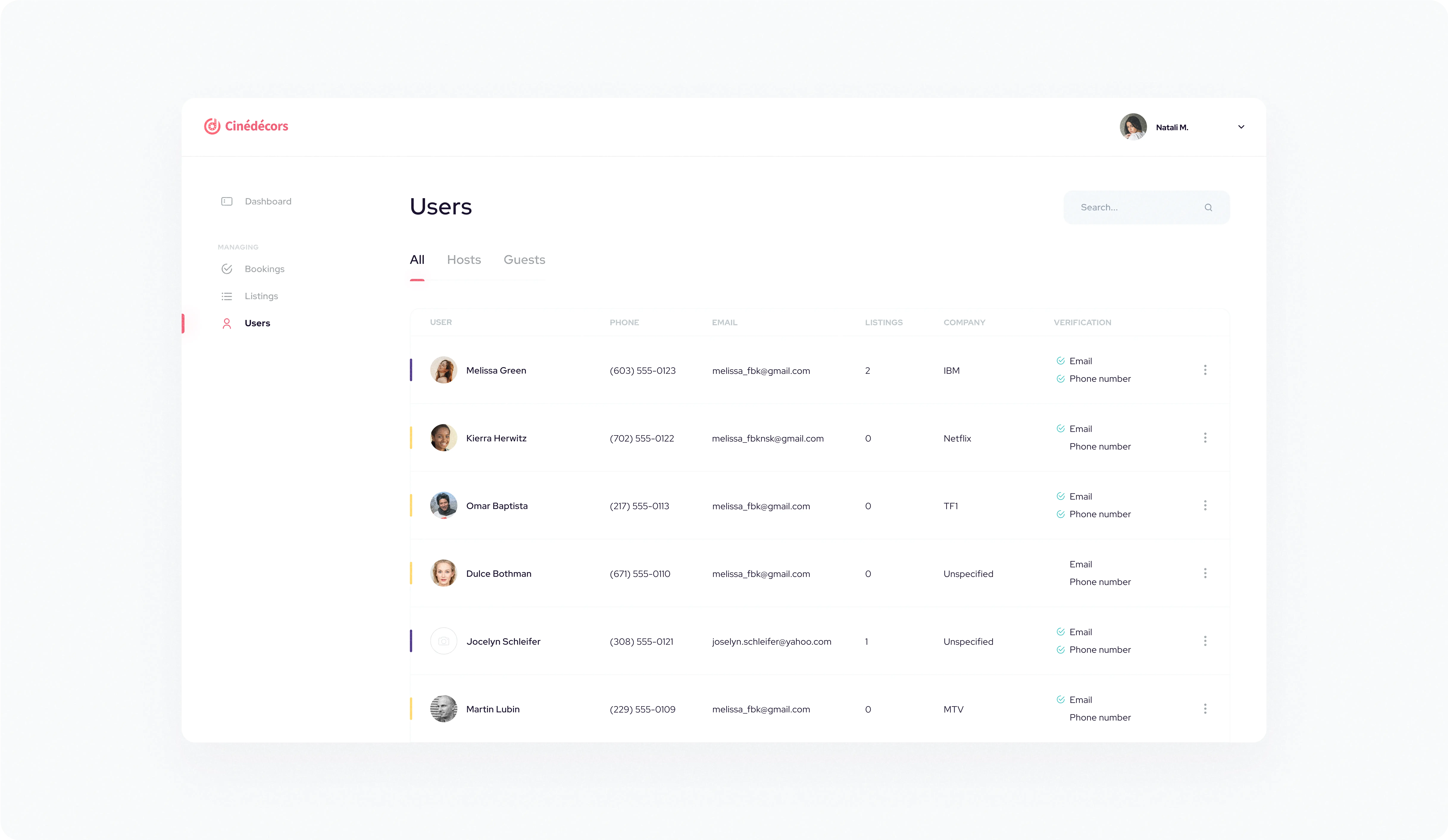 User management dashboard for Cinédecors platform. The screen lists users categorized into All, Hosts, and Guests. Each user entry includes a profile picture, name, phone number, email address, number of listings, associated company, and verification status (email and phone number). The users displayed are Melissa Green from IBM, Kierra Herwitz from Netflix, Omar Baptista from TF1, Dulce Bothman with an unspecified company, Jocelyn Schleifer with an unspecified company, and Martin Lubin from MTV. A search bar is visible on the top right, and the left sidebar includes navigation links for Dashboard, Bookings, Listings, and Users.