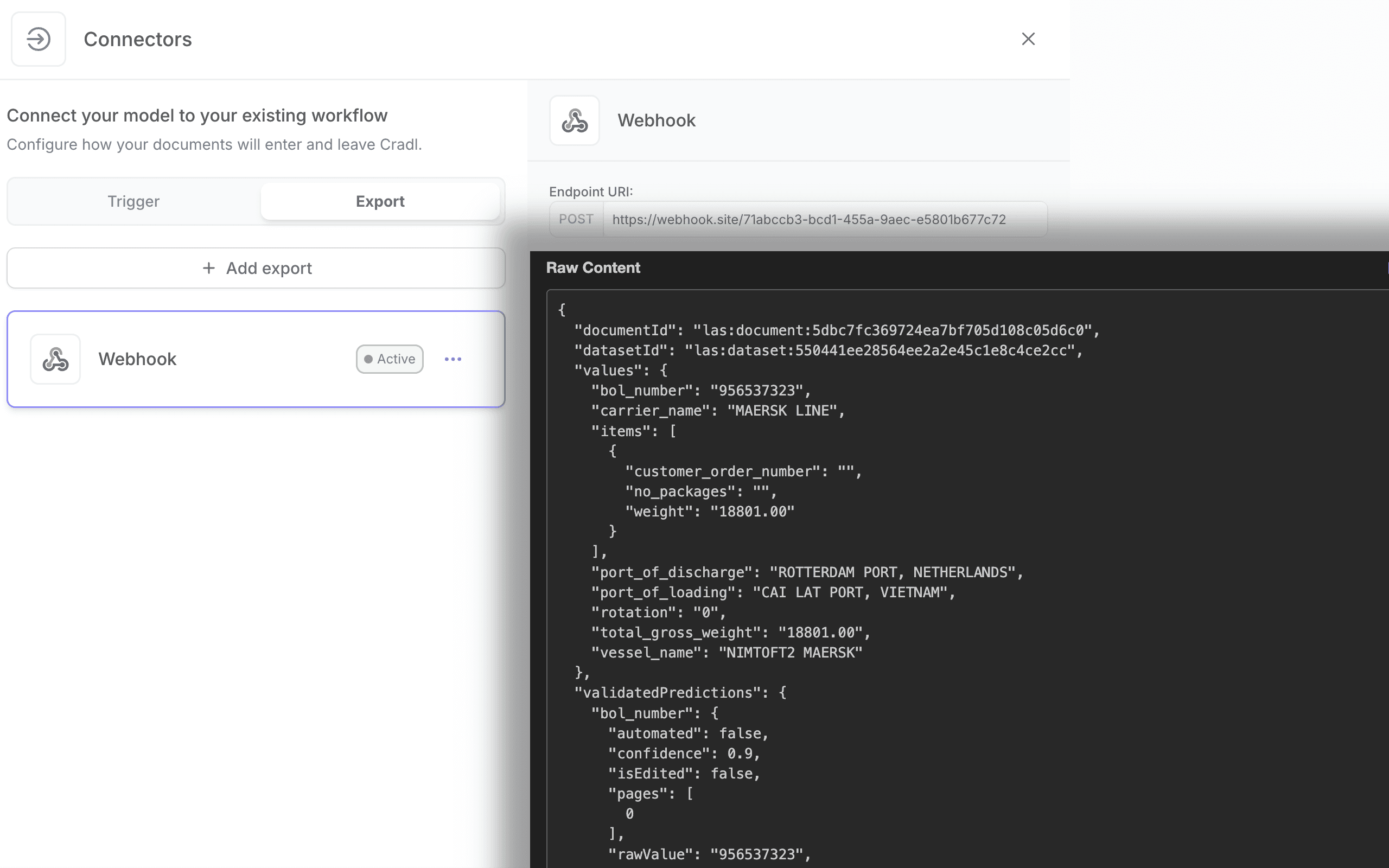 Screenshot from inside the Cradl AI app, displaying the webhook interface overlapped by the JSON output of a webhook call