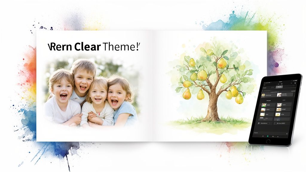 An open photobook displays happy children and a pear tree illustration, with a tablet showing photos, surrounded by colorful watercolor splashes.
