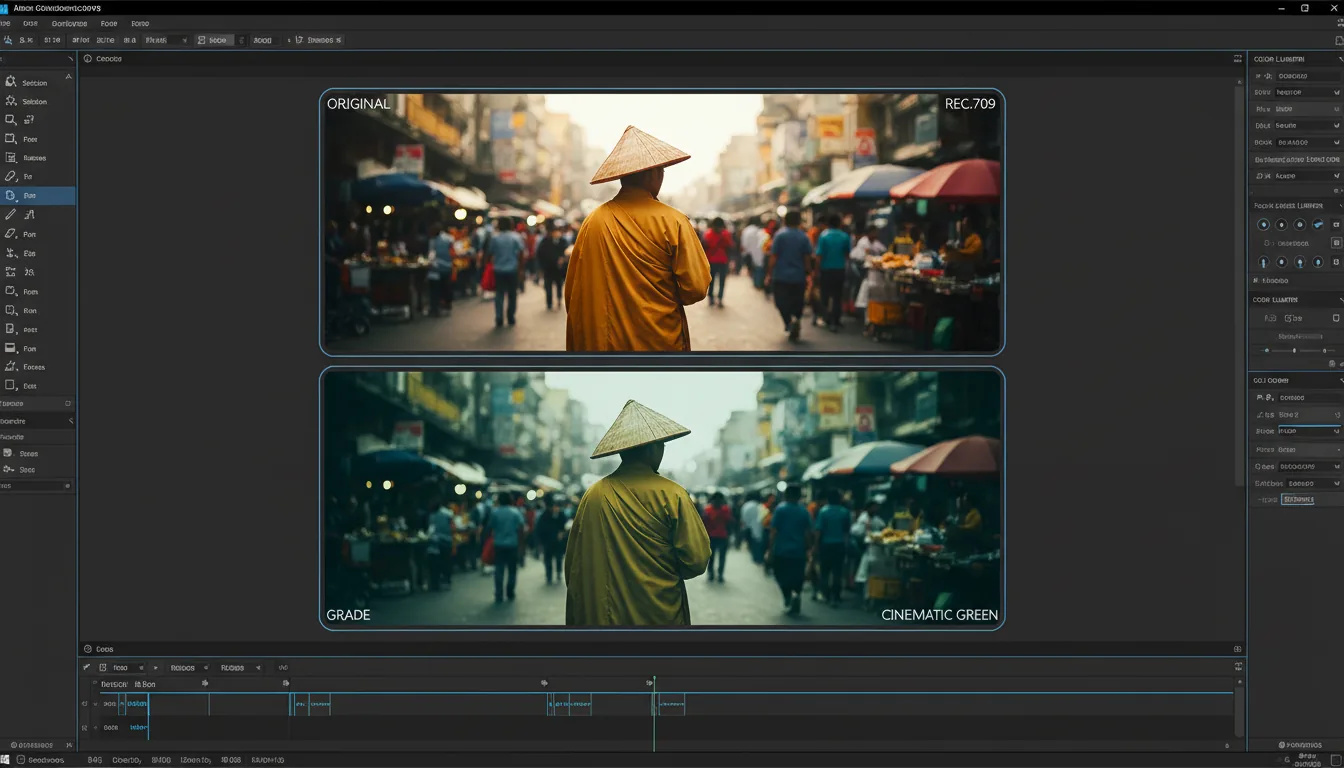 Modern dark mode UI of a video editing software like Adobe Premiere Pro, displaying a split-screen color grading comparison. The interface features two horizontal panels inside a thin, rounded blue border. The top panel shows a DSLR street photograph of a man from behind wearing a yellow robe and a traditional Asian conical hat, with natural daylight and a standard color palette. The bottom panel shows the exact same image, but with a heavy, desaturated cinematic green color grade applied. The photograph is in sharp focus on the man, with a shallow depth of field creating a strong bokeh effect in the crowded city street background. The UI has abstracted text labels in the corners of each panel.