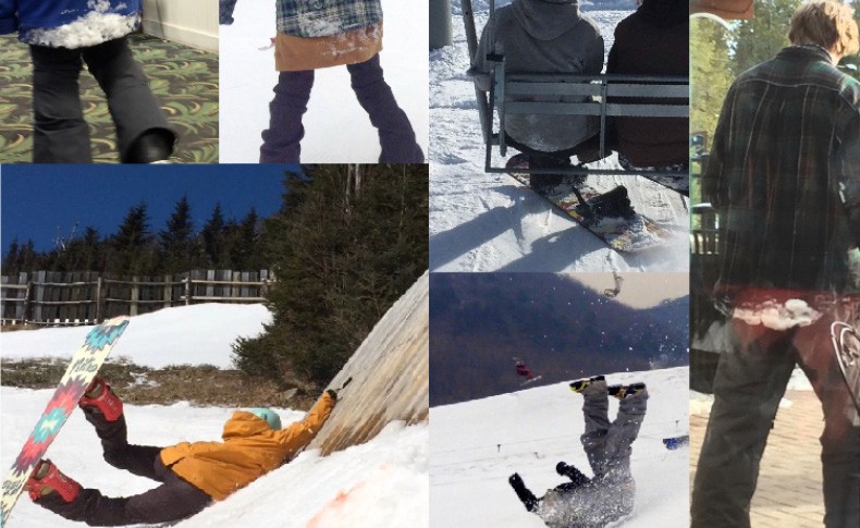 A collage of six photographs shows snowboarders in action. The top left shows a person’s legs and feet in snow. The top middle shows a person’s legs and feet in snow. The top right shows two people on a snowboard. The bottom left shows a person falling off a snowboard. The bottom middle shows a person falling off a snowboard. The bottom right shows a person standing on snow.