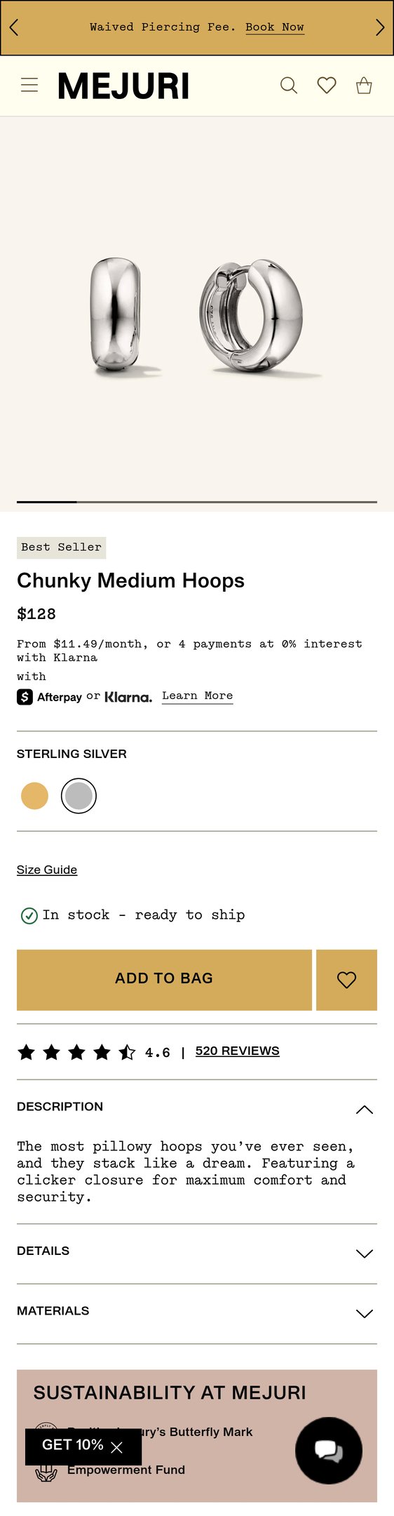 Jewelry product options include: earring for 18k Gold Vermeil Chunky Medium Hoop Earrings - Jewelry from Mejuri.