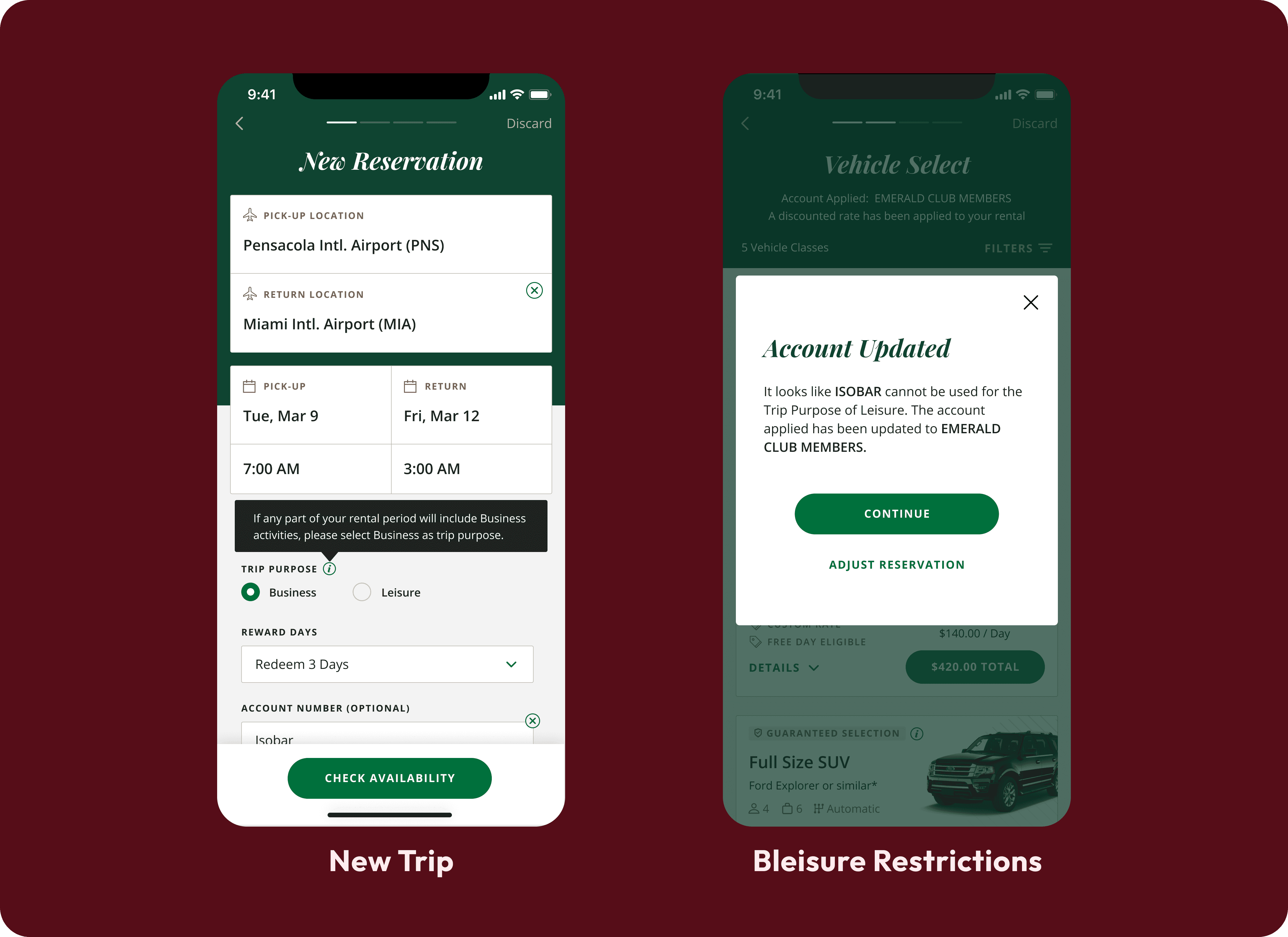 Bleisure's impact on the new reservation screen and a restriction that appears from selecting incompatible billing accounts and trip purposes.