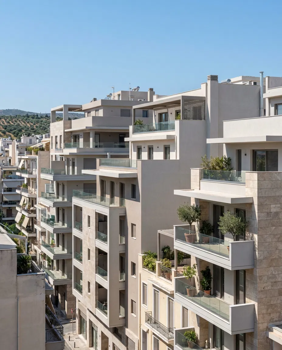 Modern apartment buildings in Greece representing the real estate and property regulation landscape