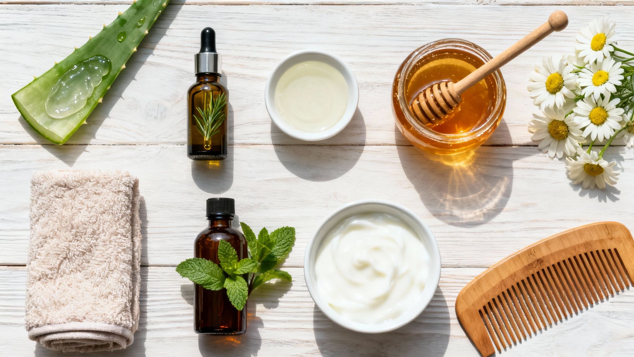 Photo of many different natural ingredients to use on an itchy scalp