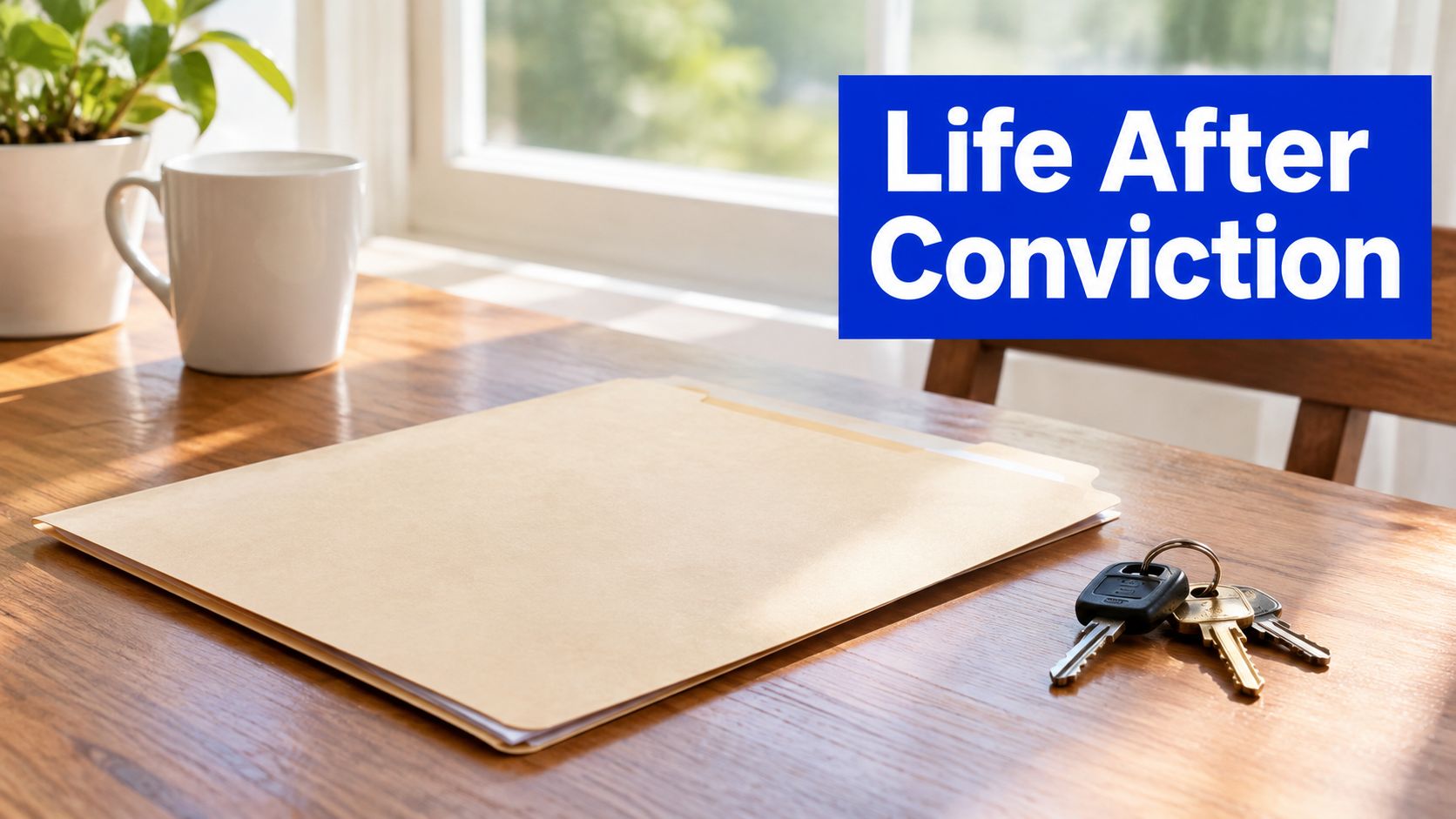 A manila folder and a set of keys resting on a wooden table near a coffee mug.