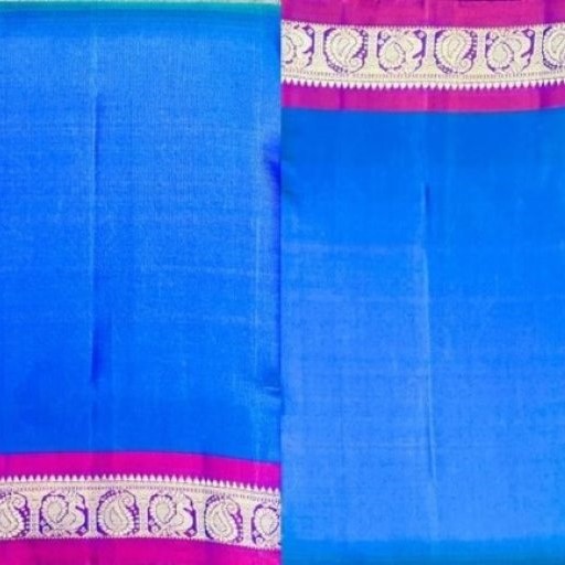 Peacock Blue and Pink manga border Kanchivaram Silk Saree