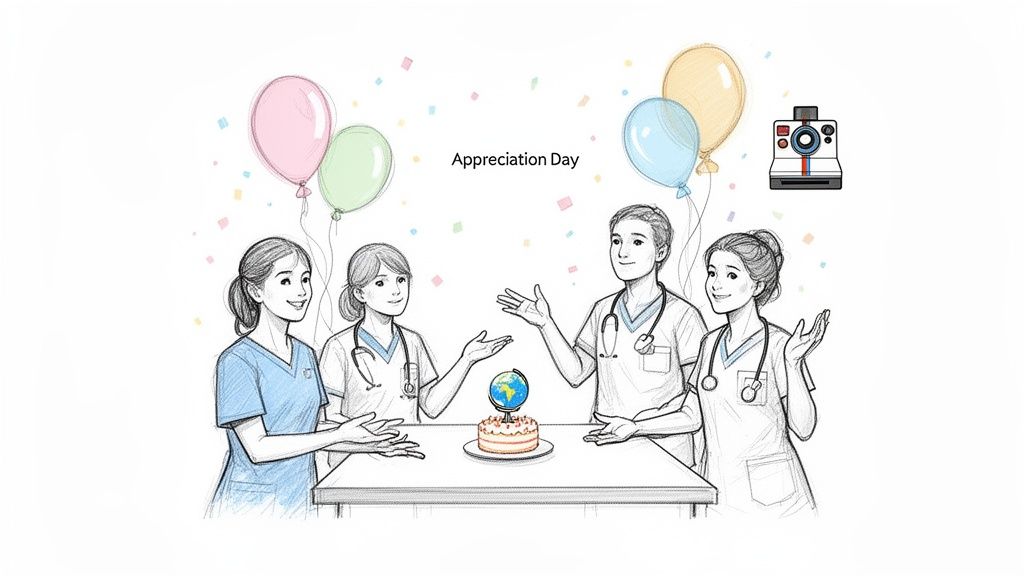 Illustration of four medical professionals celebrating Appreciation Day with a cake, balloons, and confetti.