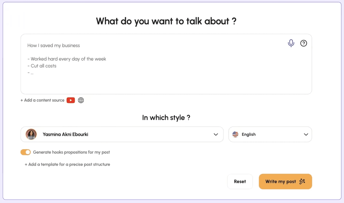 RedactAI's interface displaying the AI LinkedIn post generator, style picker, and language picker, alongside a button to generate posts