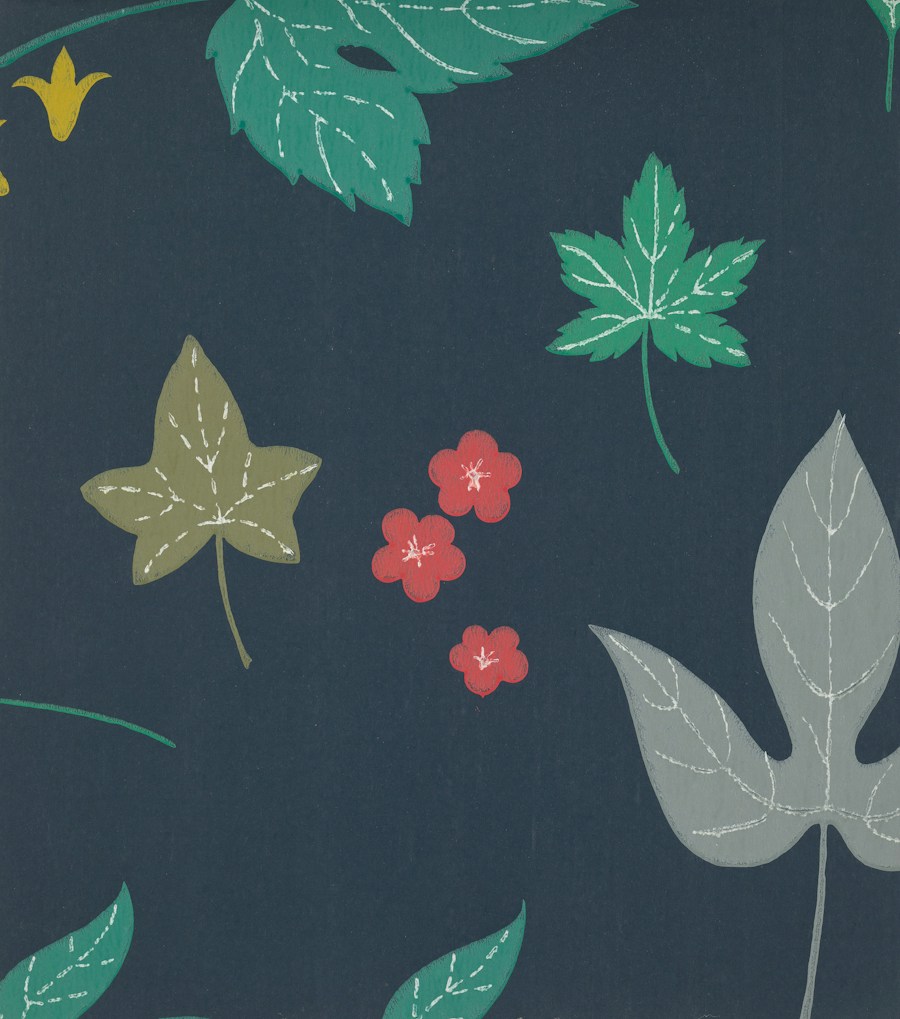 Ivy leaves and red flowers on a dark ground